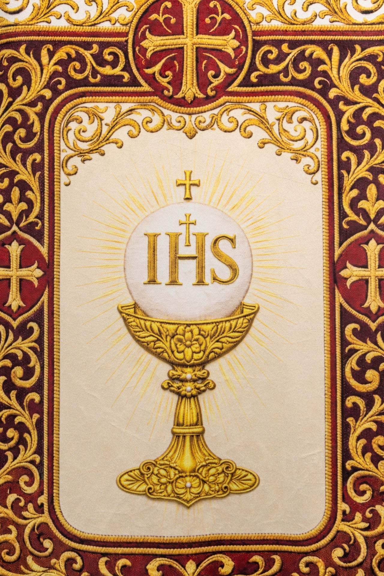 Estandarte litúrgico impreso por ambas caras con el Sagrado Corazón de Jesús y el Cáliz con IHS