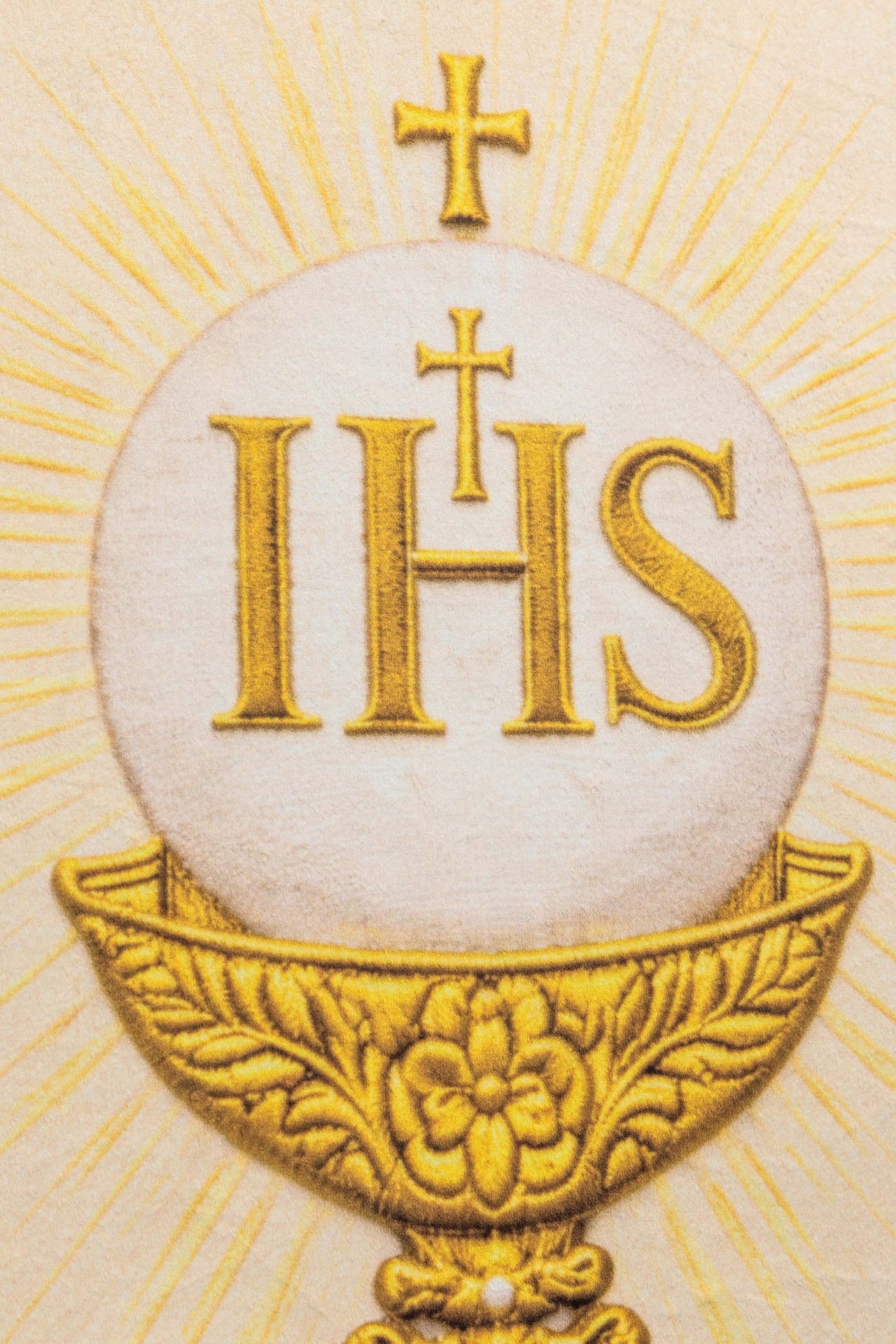 Estandarte litúrgico impreso por ambas caras con el Sagrado Corazón de Jesús y el Cáliz con IHS