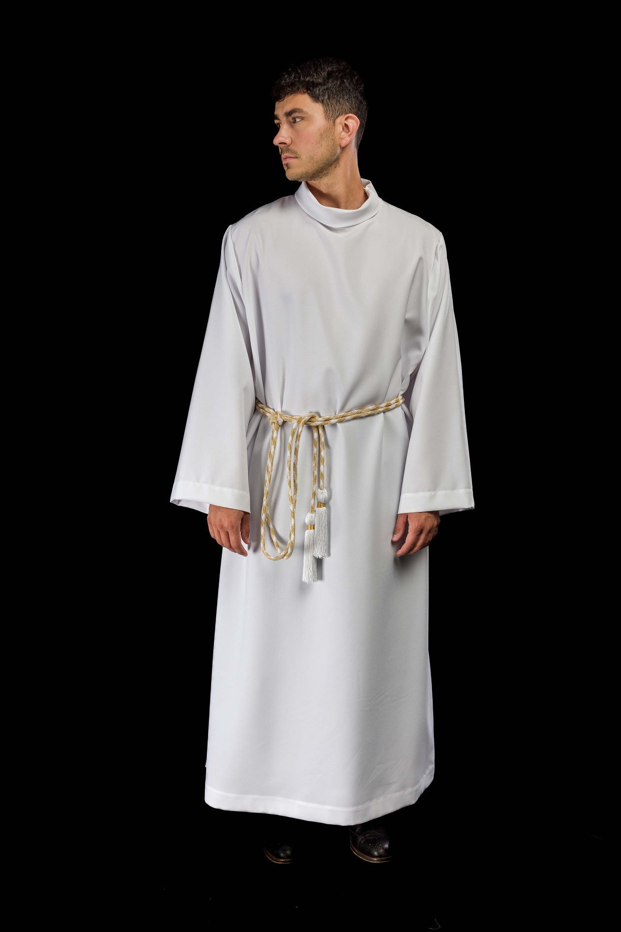 Cíngulo litúrgico blanco y dorado premium