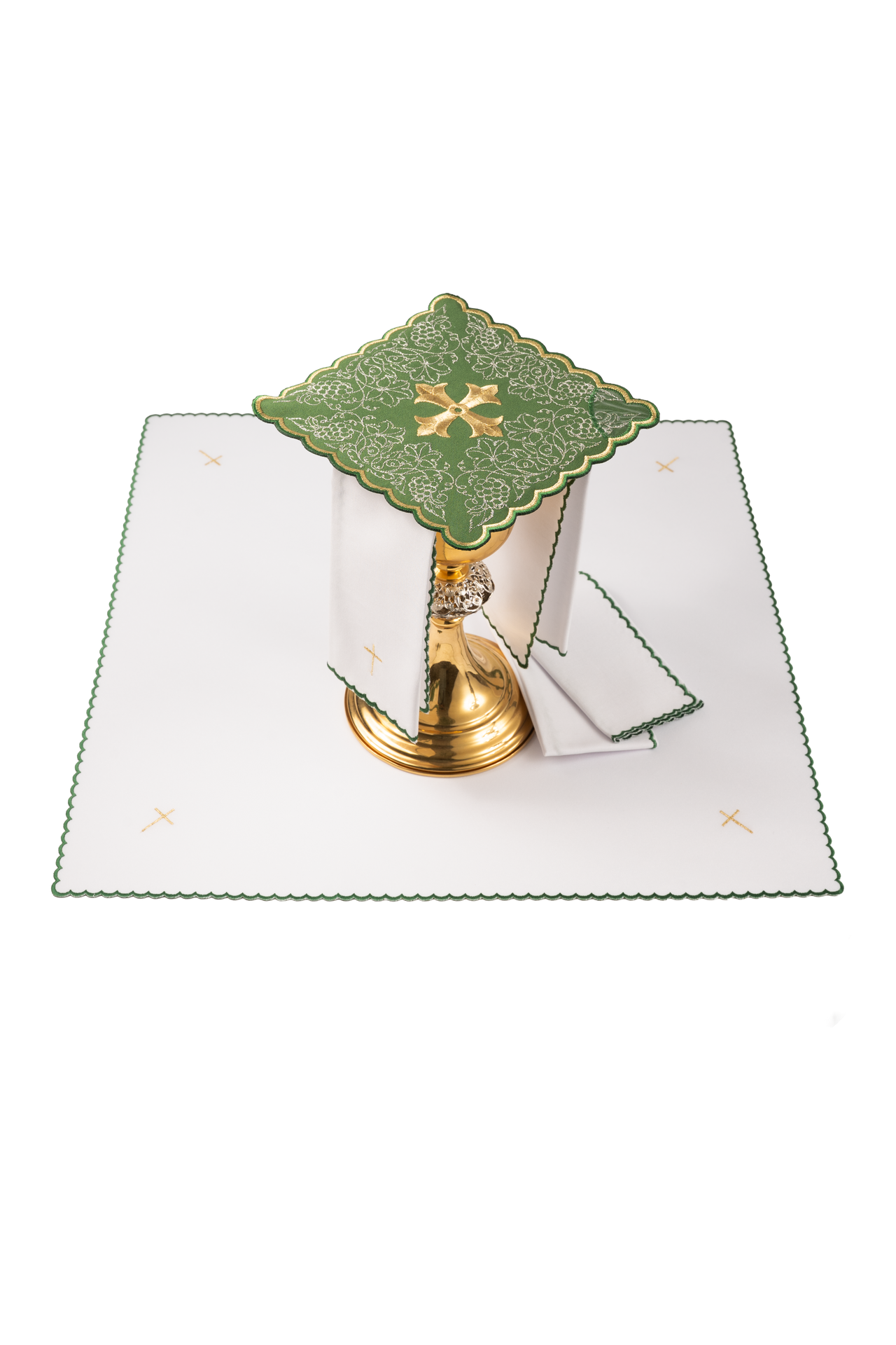 Komplet kielichowy haftowany z motywem krzyża zielony - ORNATY.PL