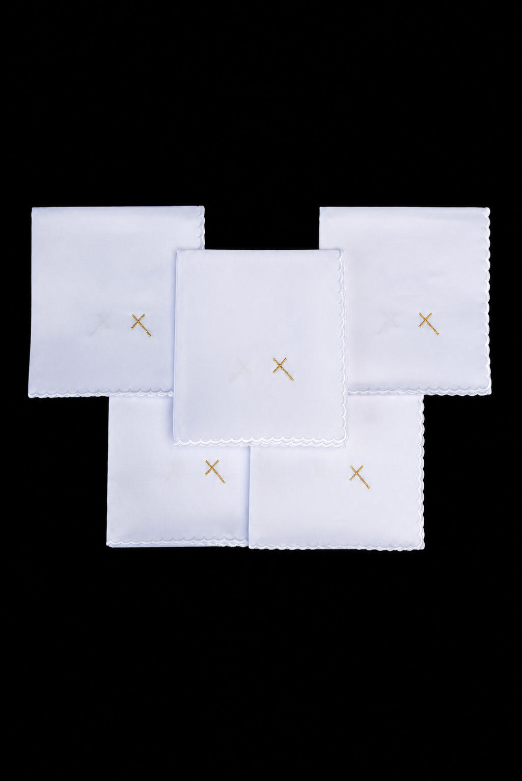 Set de 5 corporales litúrgicos blancos con cruz bordada en dorado