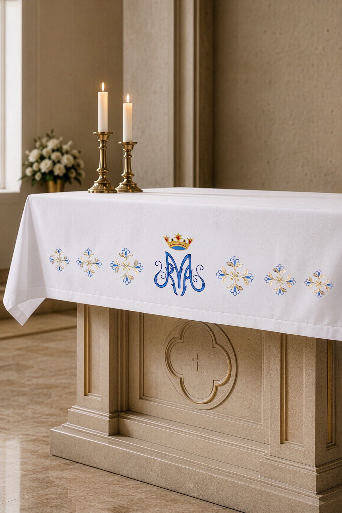 Toalha de altar com bordado frontal em azul mariano