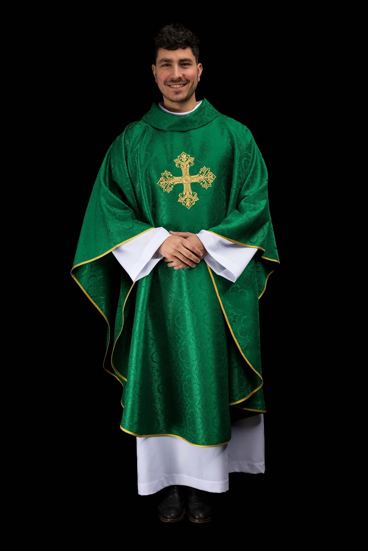 Casulla verde con cruz de tejido jacquard
