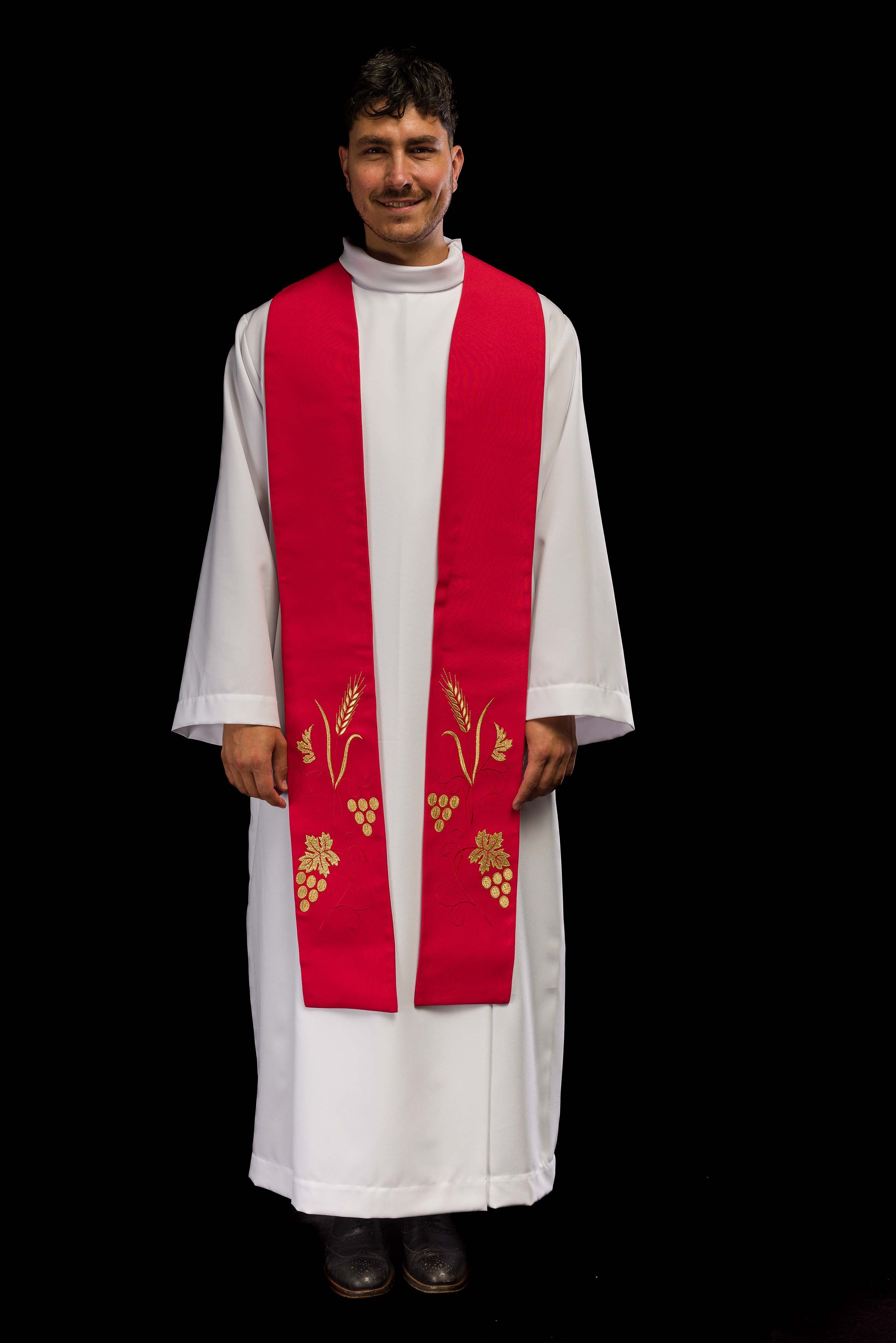 Estola sacerdotal bordada uvas e espigas em vermelho