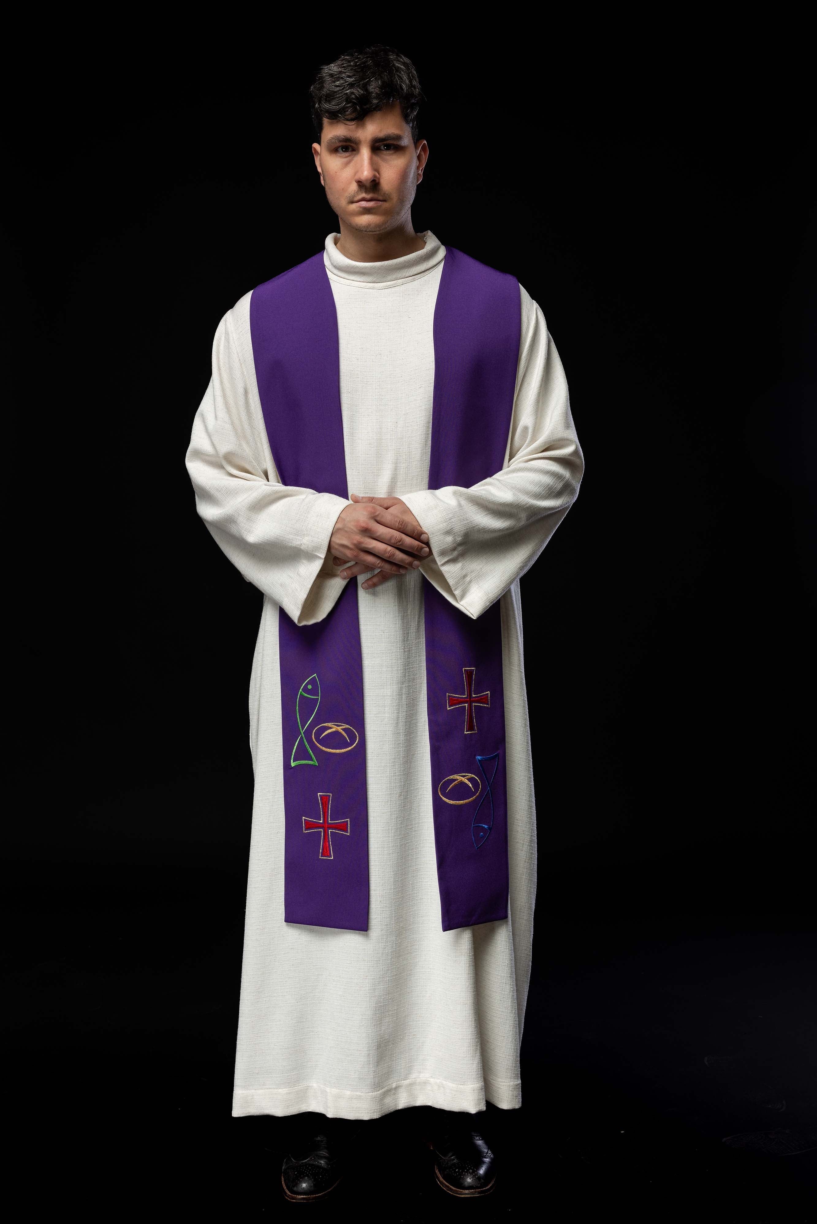 Estola Sacerdotal Roxa Bordada Peixe Pão Cruz