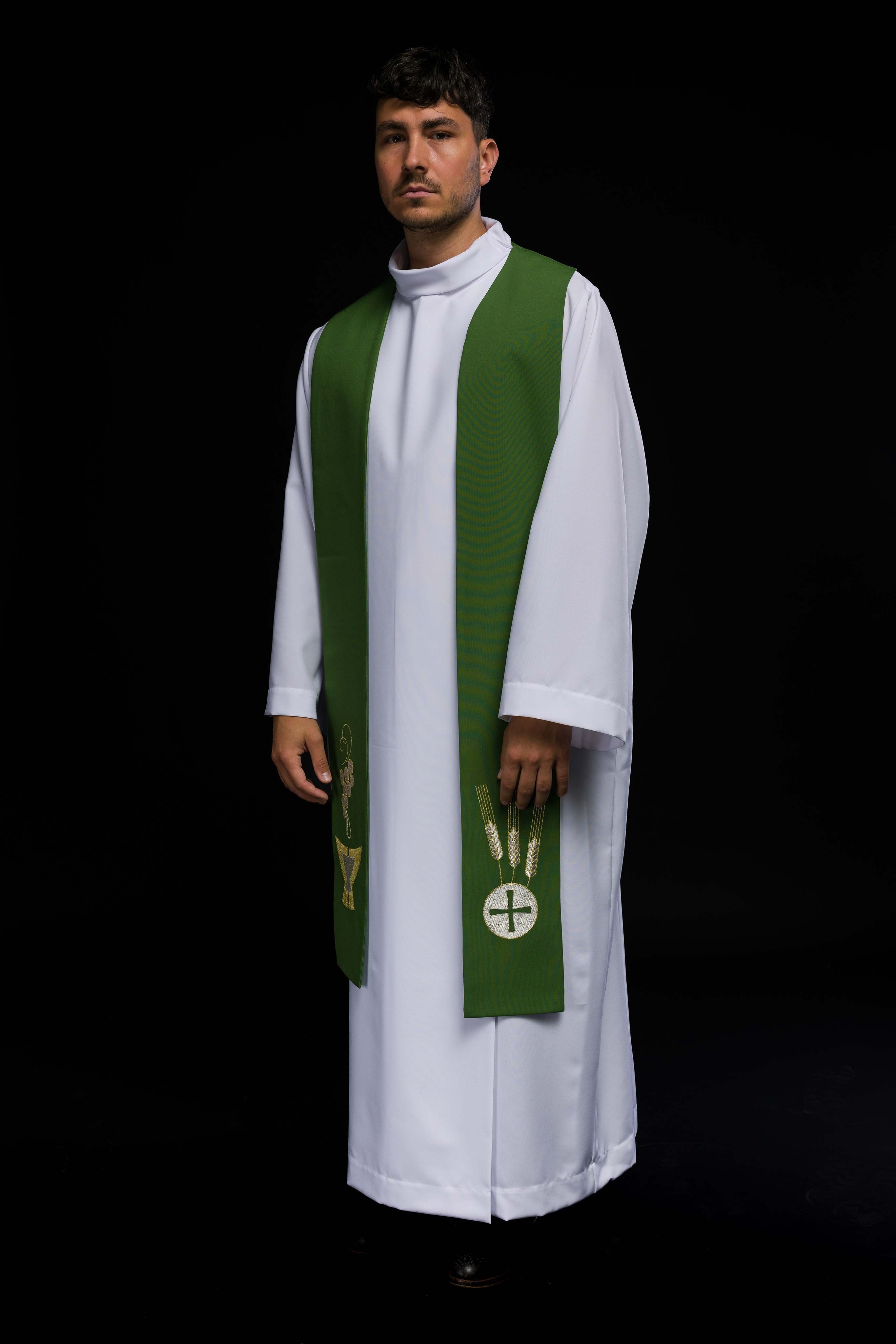 Estola Sacerdotal Verde Bordada Cálice, Espigas e Uvas