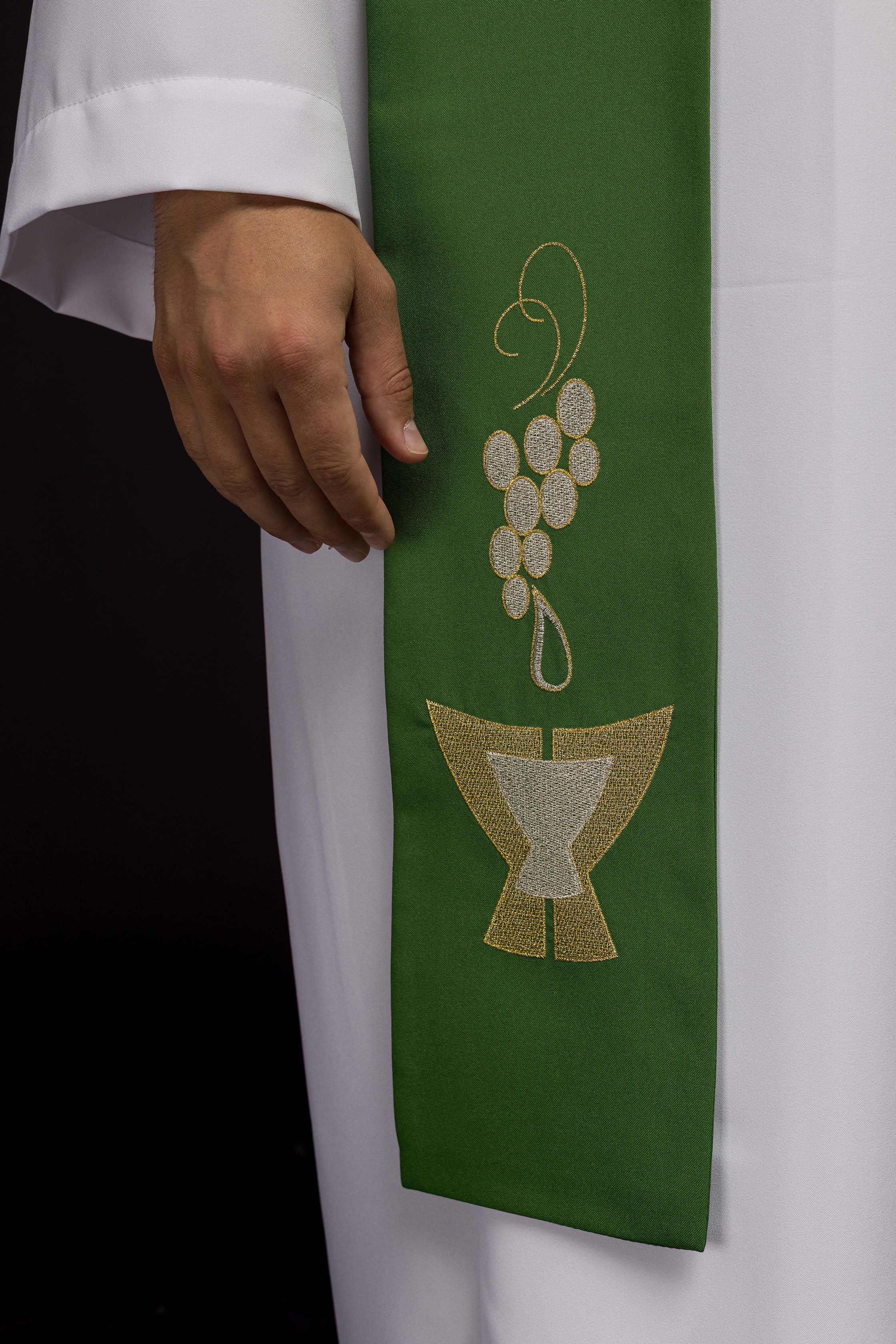 Estola Sacerdotal Verde Bordada Cálice, Espigas e Uvas