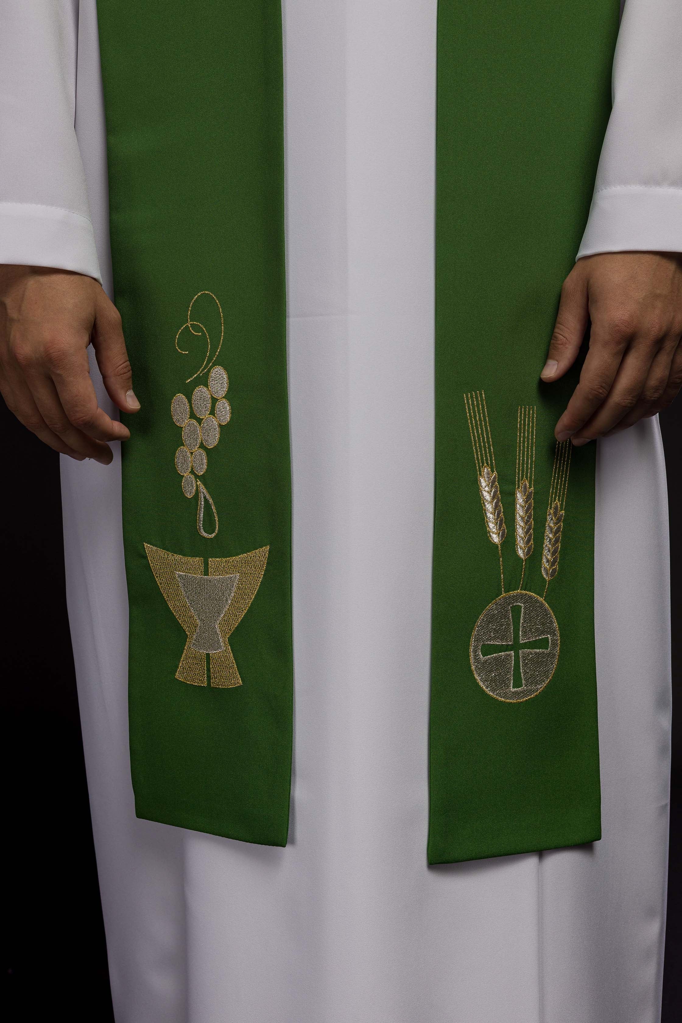 Estola Sacerdotal Verde Bordada Cálice, Espigas e Uvas