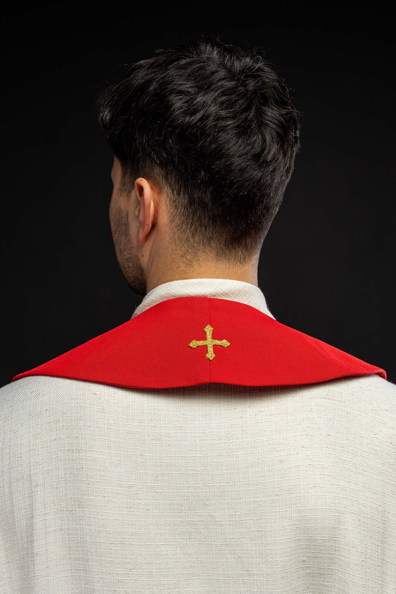 Estola sacerdotal bordada uvas e espigas em vermelho