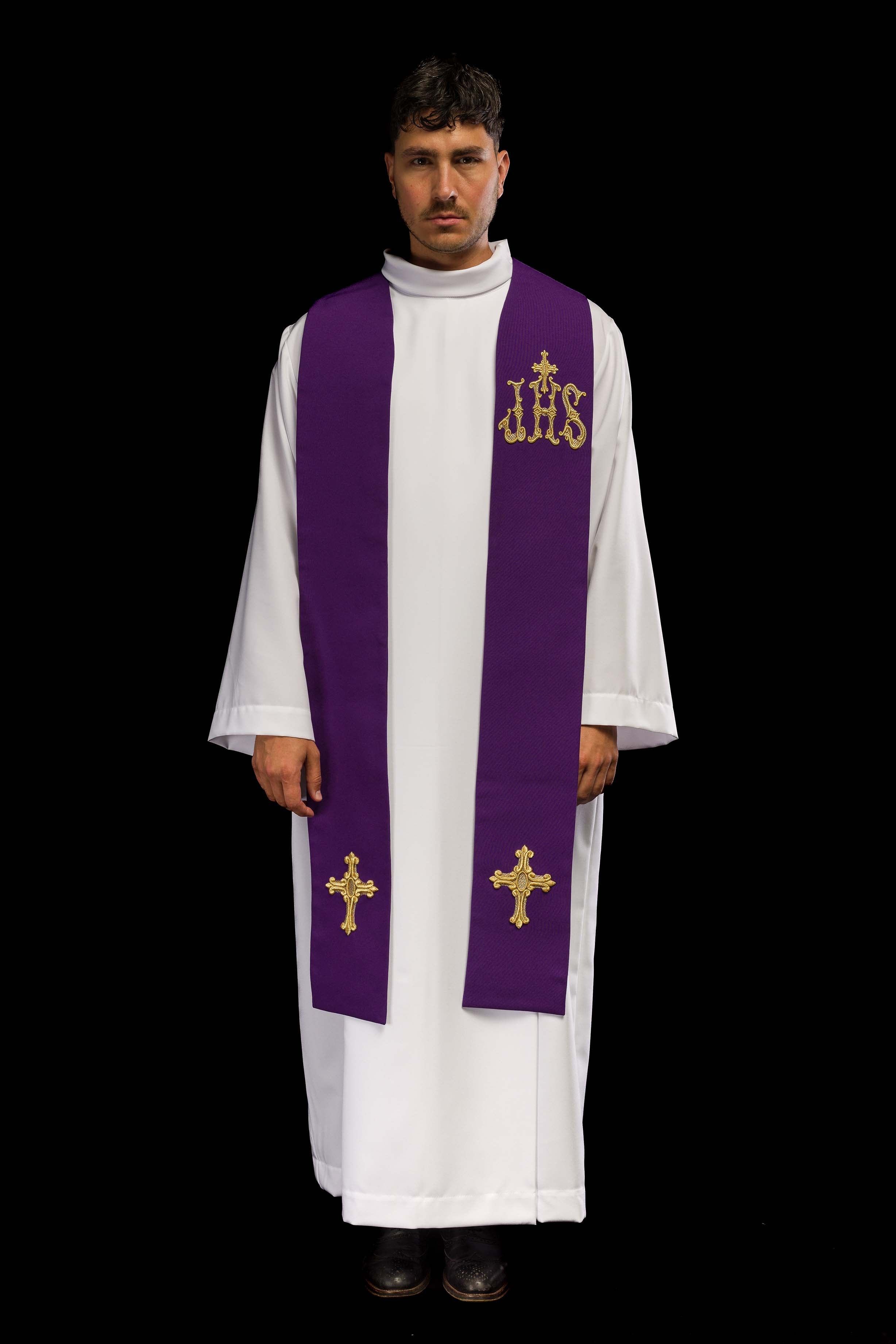 Estola sacerdotal roxa bordada cruz e IHS