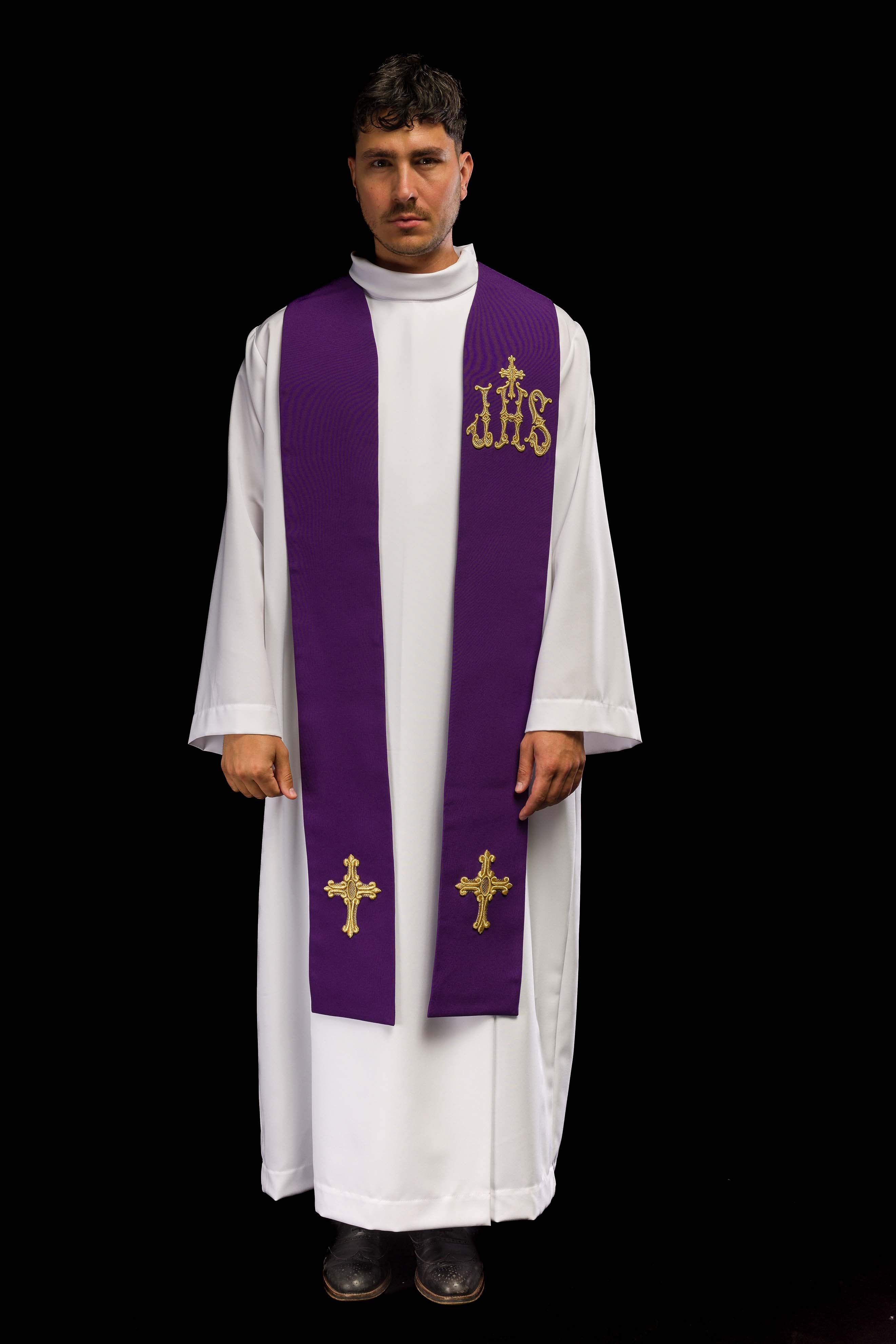 Estola sacerdotal roxa bordada cruz e IHS