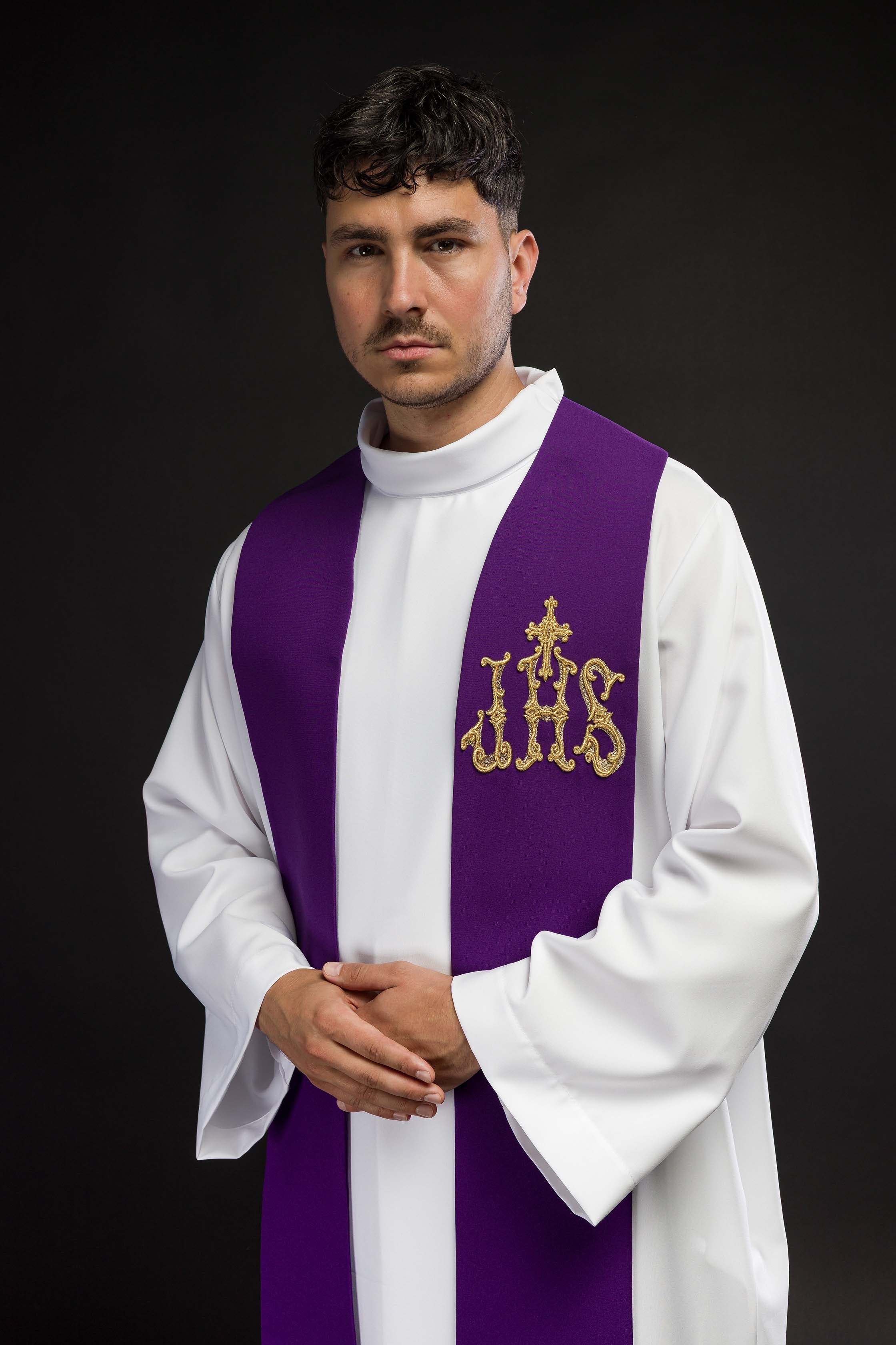 Estola sacerdotal roxa bordada cruz e IHS