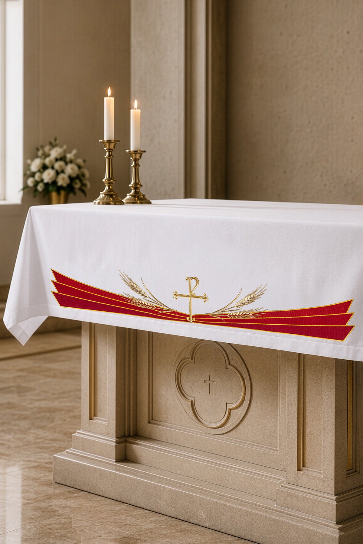 Mantel de altar con símbolo PAX bordado