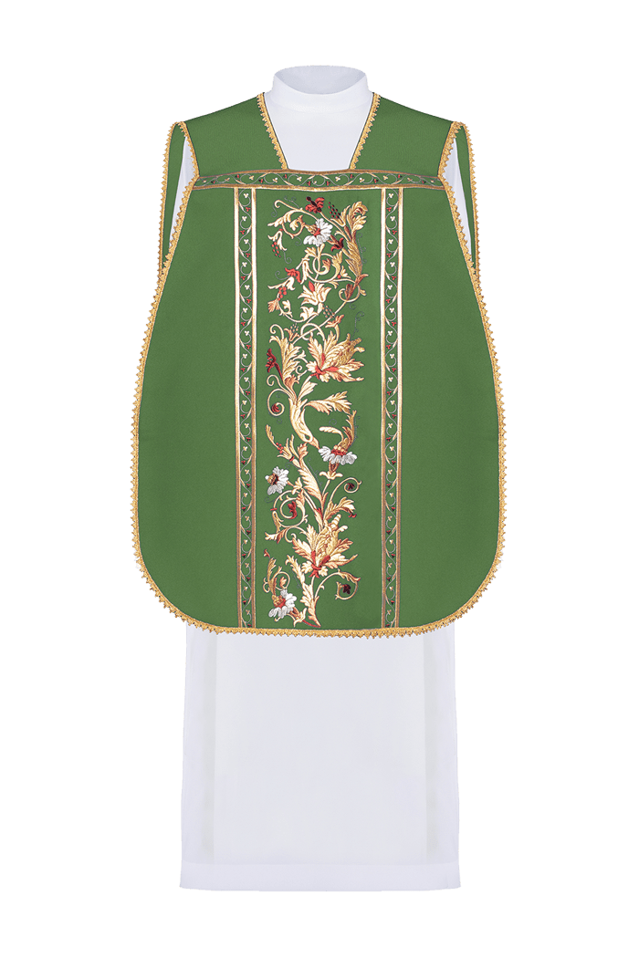 Casulla romana verde bordada con motivo IHS KOR/200/01/01 ZIELONY - CASULLAS.ES