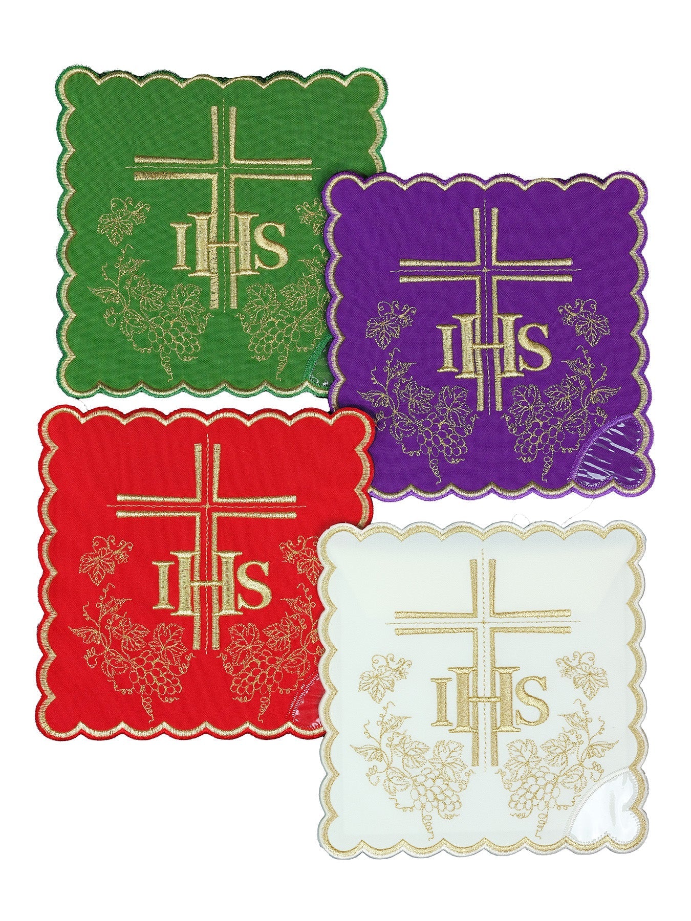 Conjunto de palias de cáliz con el símbolo IHS en cuatro colores litúrgicos KPA4/156 18*18 - CASULLAS.ES