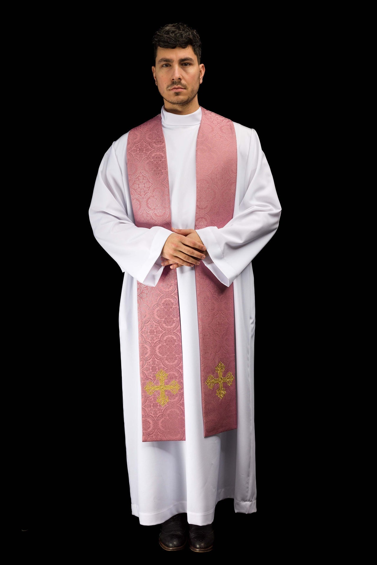 Estola bordada con motivo de cruz tejido jacquard rosa KST/967/08/11 - CASULLAS.ES