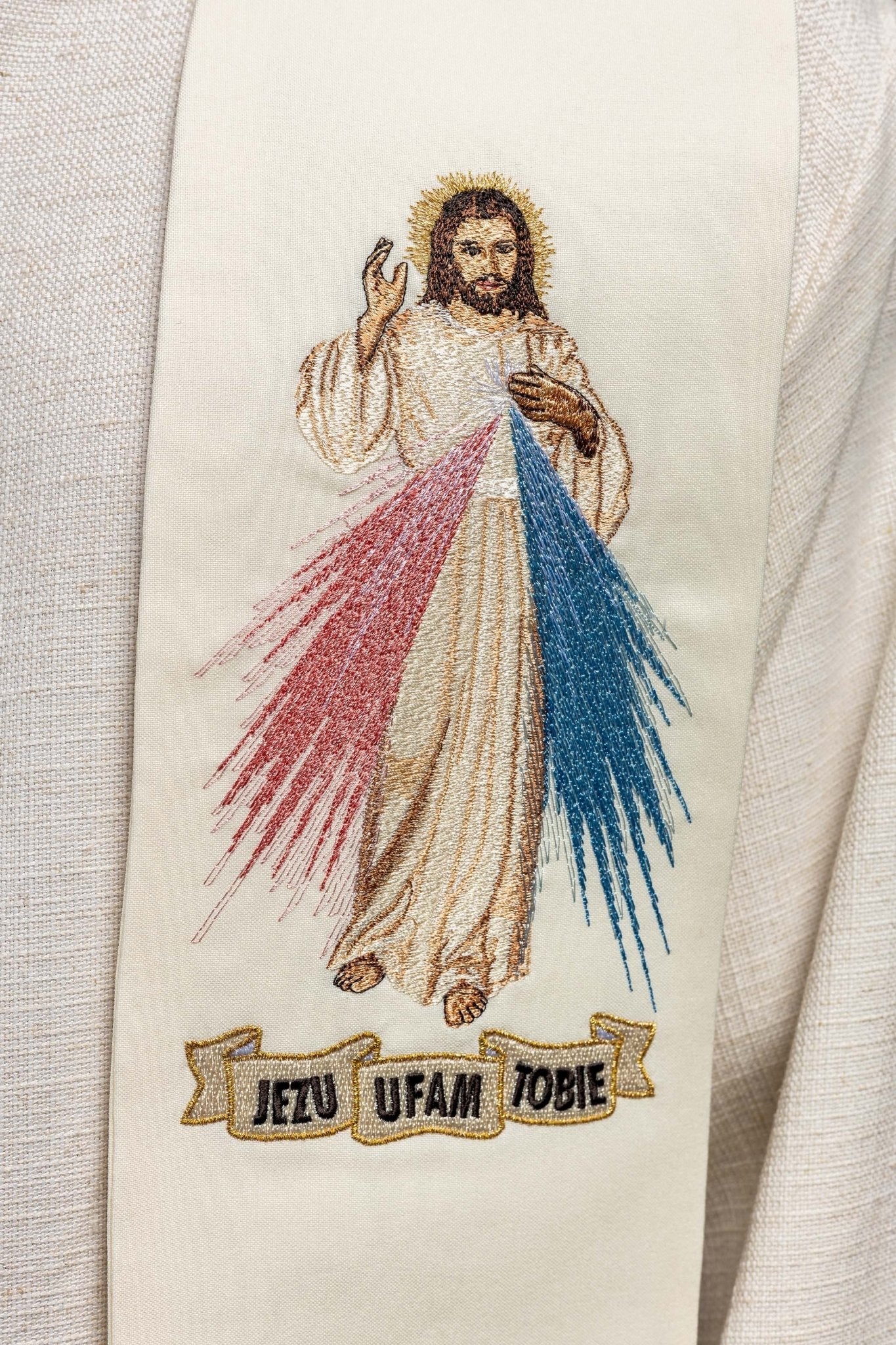 Estola marfil con bordado Jesús misericordioso "Jesús confío en ti" KST/071/05/01 ECRU - CASULLAS.ES
