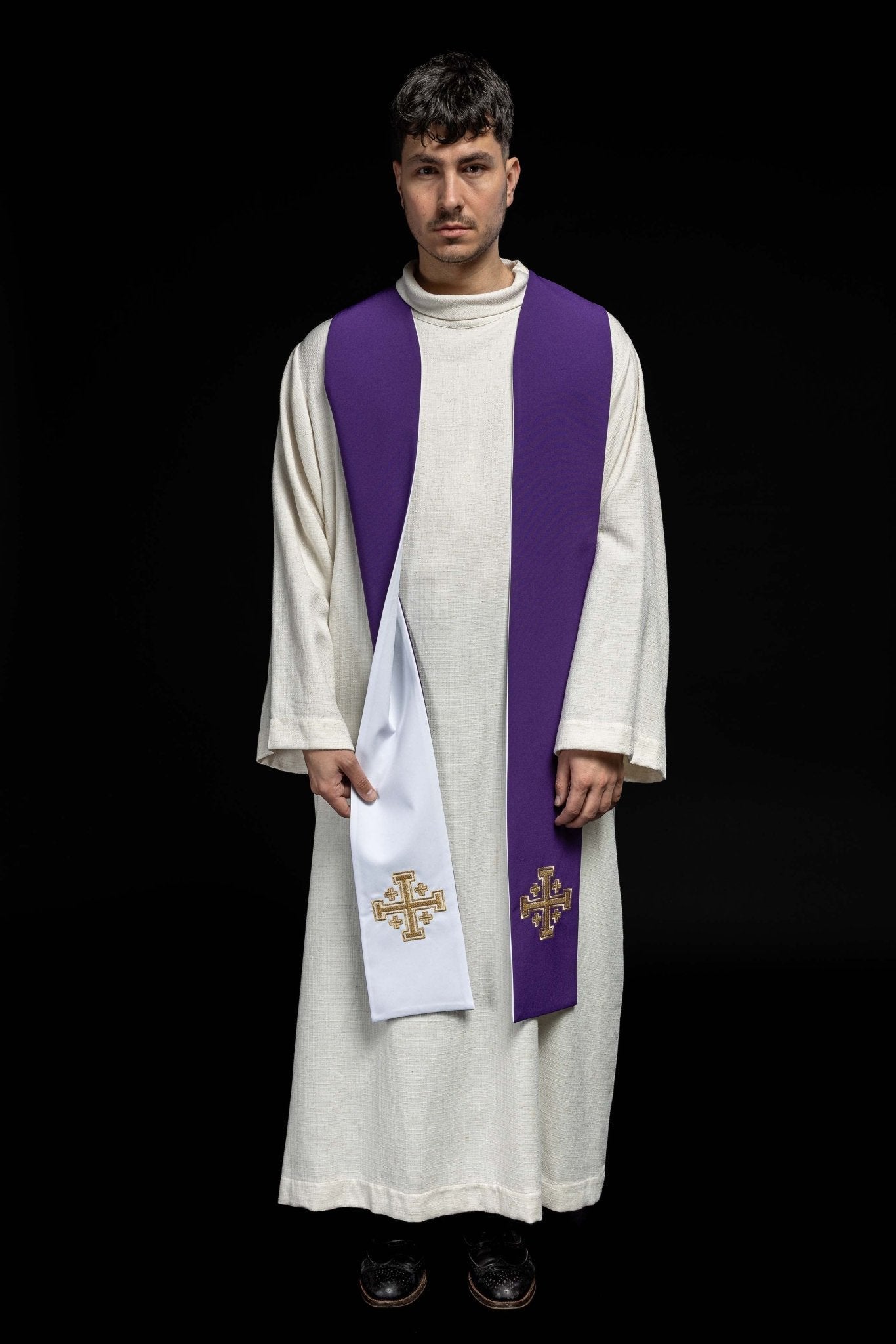 Estola reversible con Cruz de Jerusalén púrpura - blanca KST/046/03 - 04/01 FILETOWO - BIAŁA - CASULLAS.ES