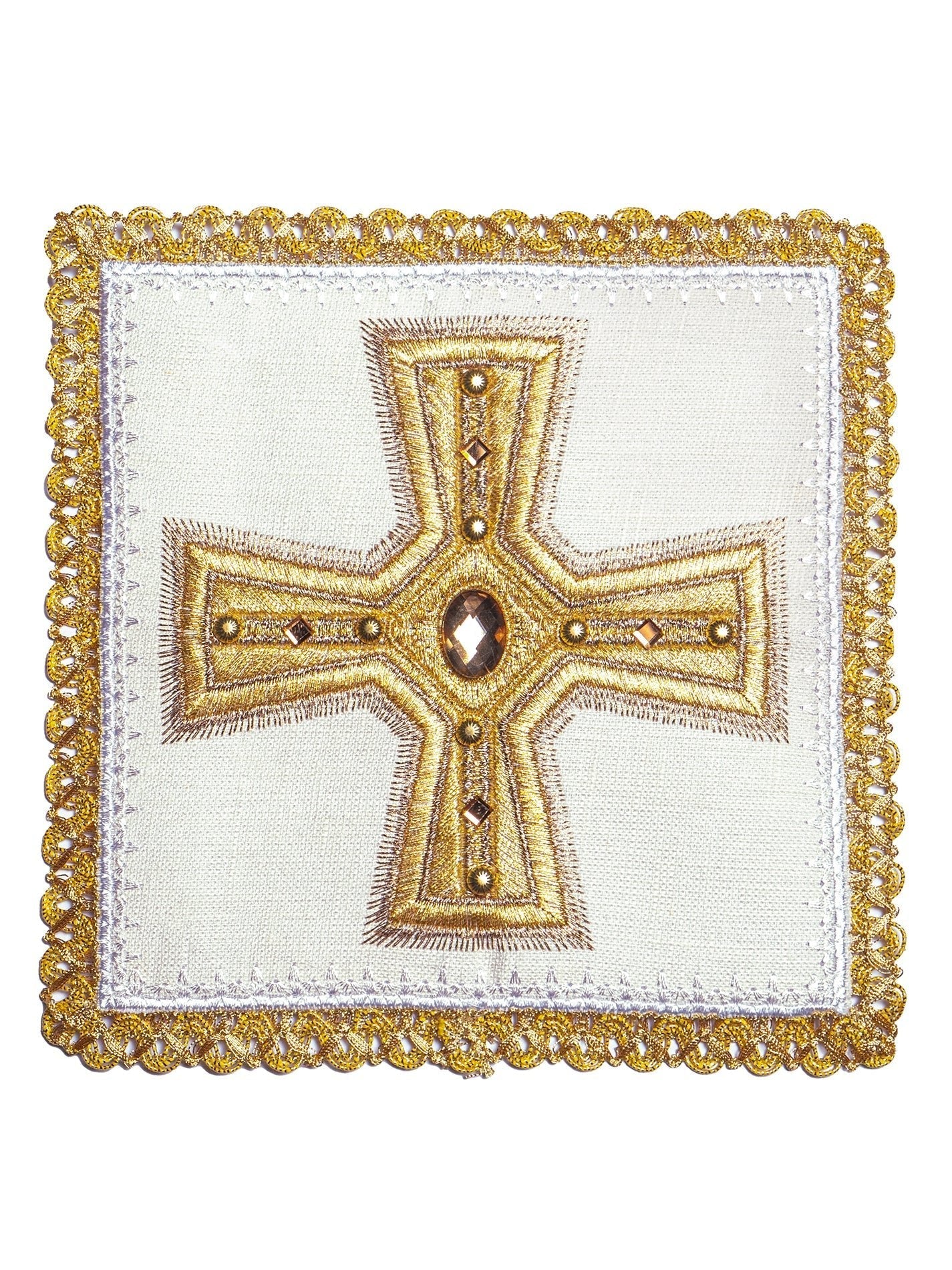 Juego de altar lino ricamente bordado con Cruz y piedras LE/5003 - CASULLAS.ES