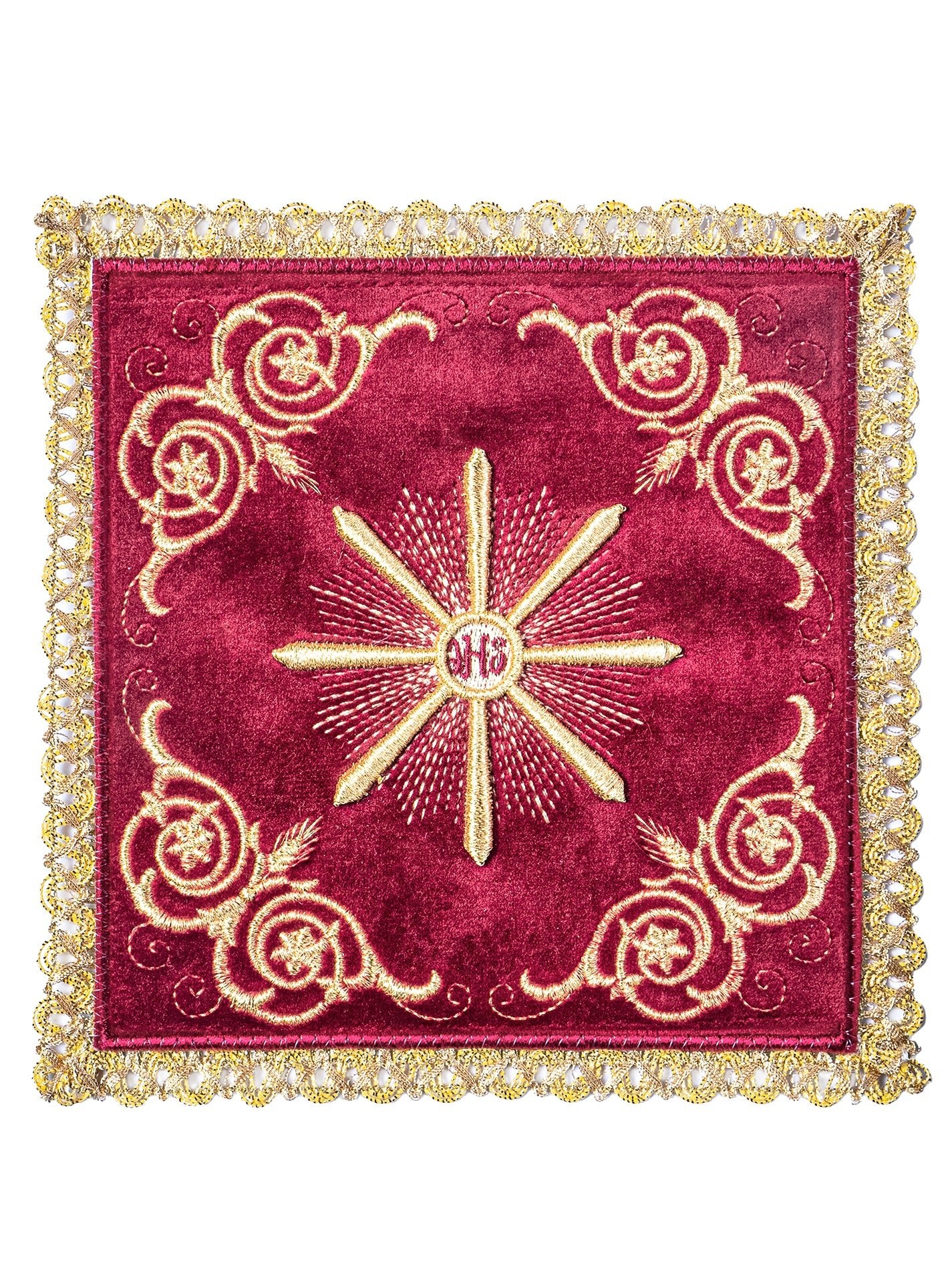 Juego de paños litúrgicos para cáliz bordado de terciopelo rojo KKL/5002/C1 - CASULLAS.ES