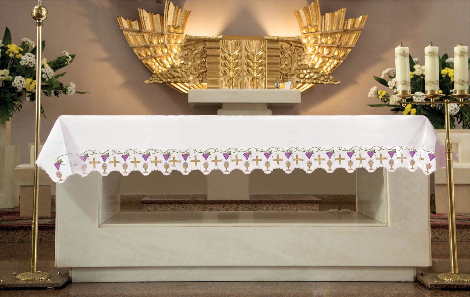 Mantel de altar con bordado frontal de cruces y cálices KOO/048 150*300 BIAŁY (obszywany) - CASULLAS.ES