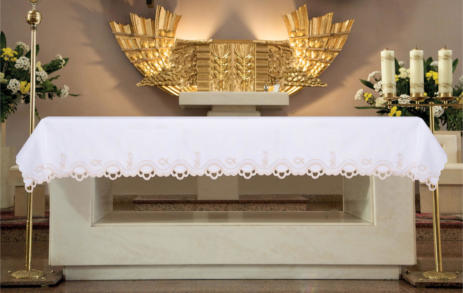 Mantel de altar con bordado frontal en motivo eucarístico KOO/095 150*300 BIAŁY (obszywany) - CASULLAS.ES