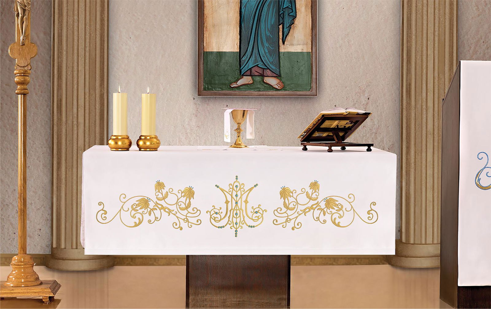 Mantel de altar con bordado frontal en patrón mariano KOH/033 150*300 BIAŁY - CASULLAS.ES