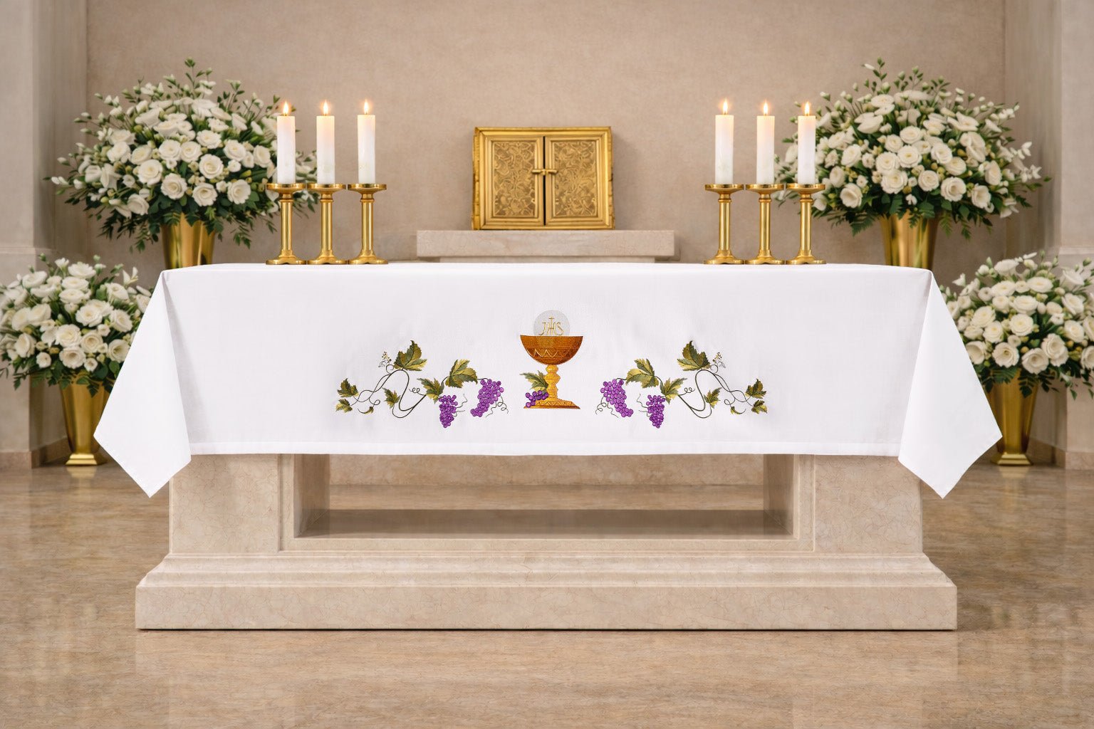 Mantel de altar con símbolo del cáliz bordado S-8852-04 150*300 - CASULLAS.ES