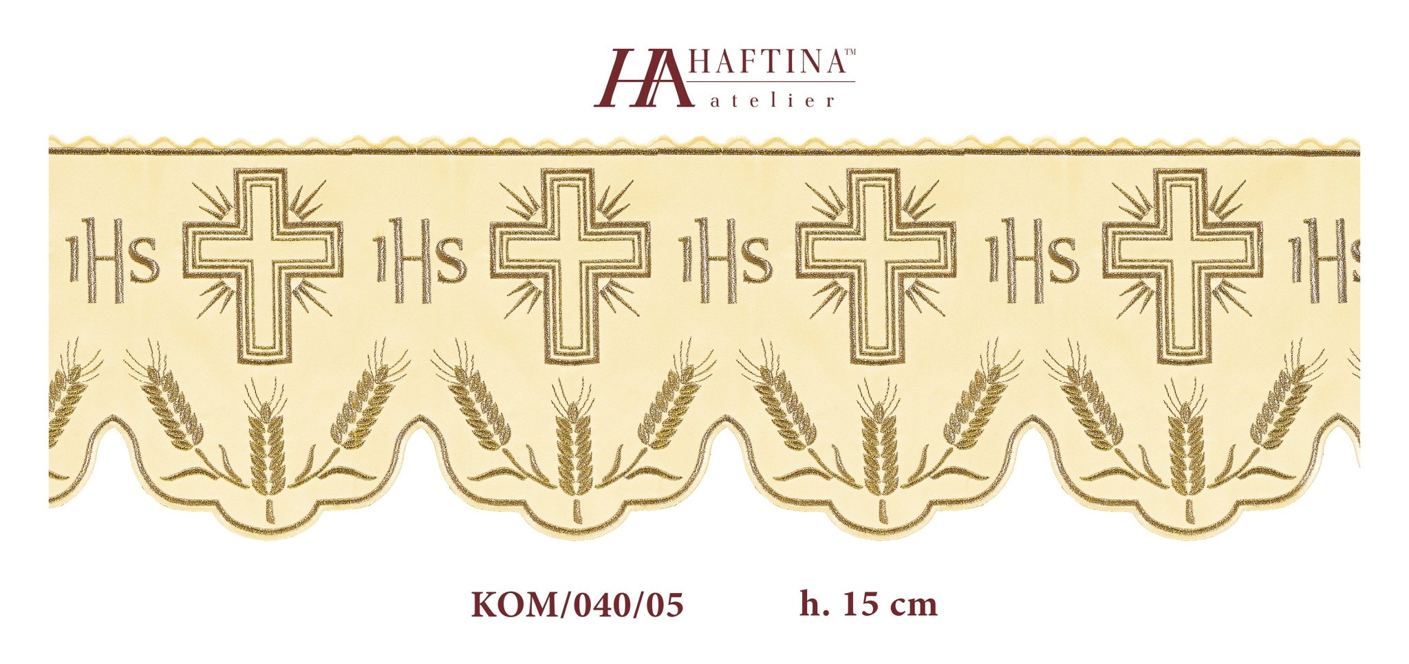 Puntilla de altar con bordado Cruz e IHS - crudo KOM/040/05 20cm 3,5m - CASULLAS.ES