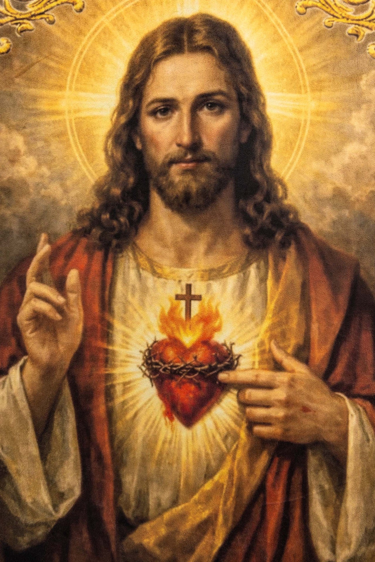 Estandarte litúrgico impreso por ambas caras con el Sagrado Corazón de Jesús y el Cáliz con IHS
