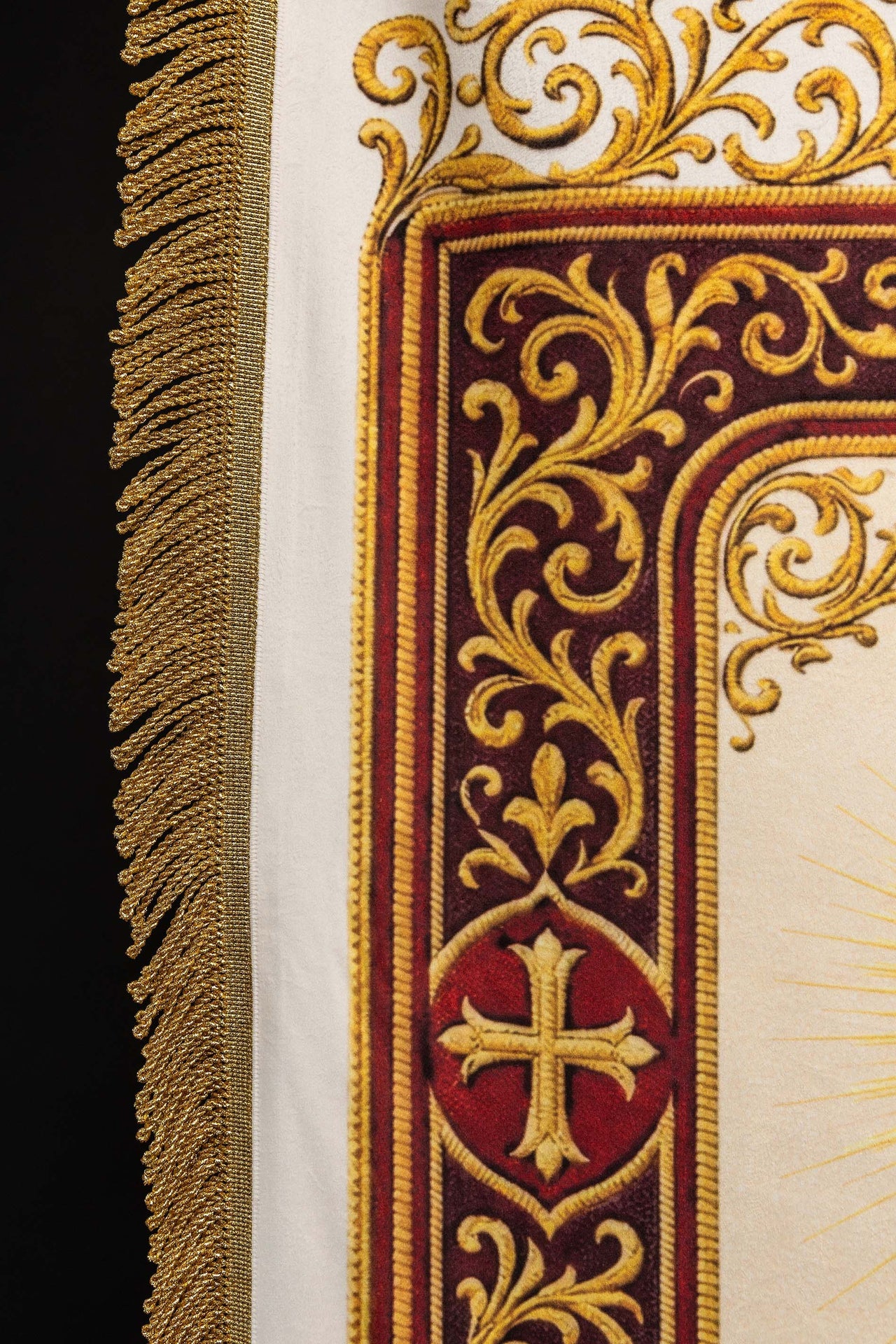 Estandarte litúrgico impreso por ambas caras con el Sagrado Corazón de Jesús y el Cáliz con IHS