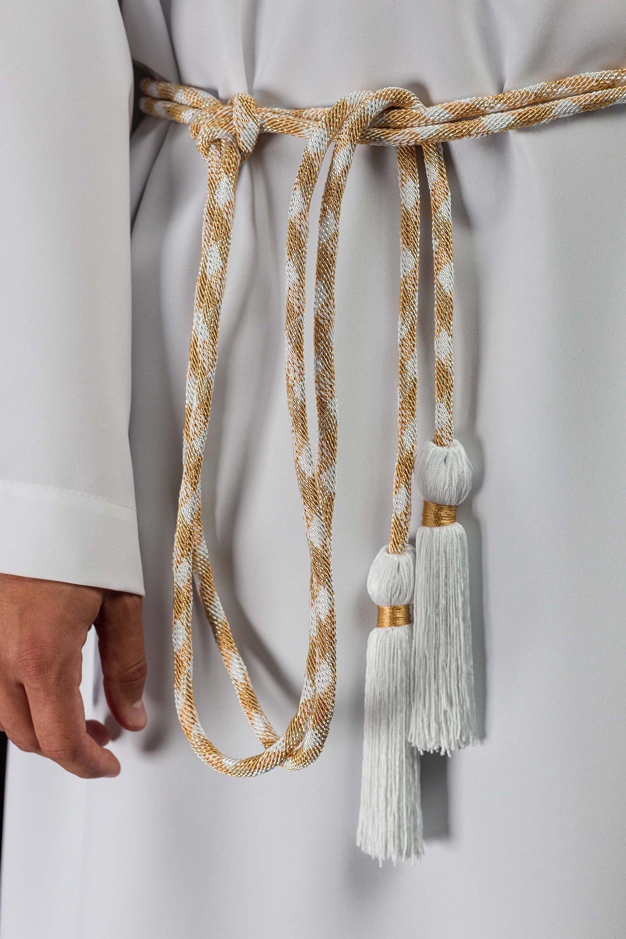 Cíngulo litúrgico blanco y dorado premium