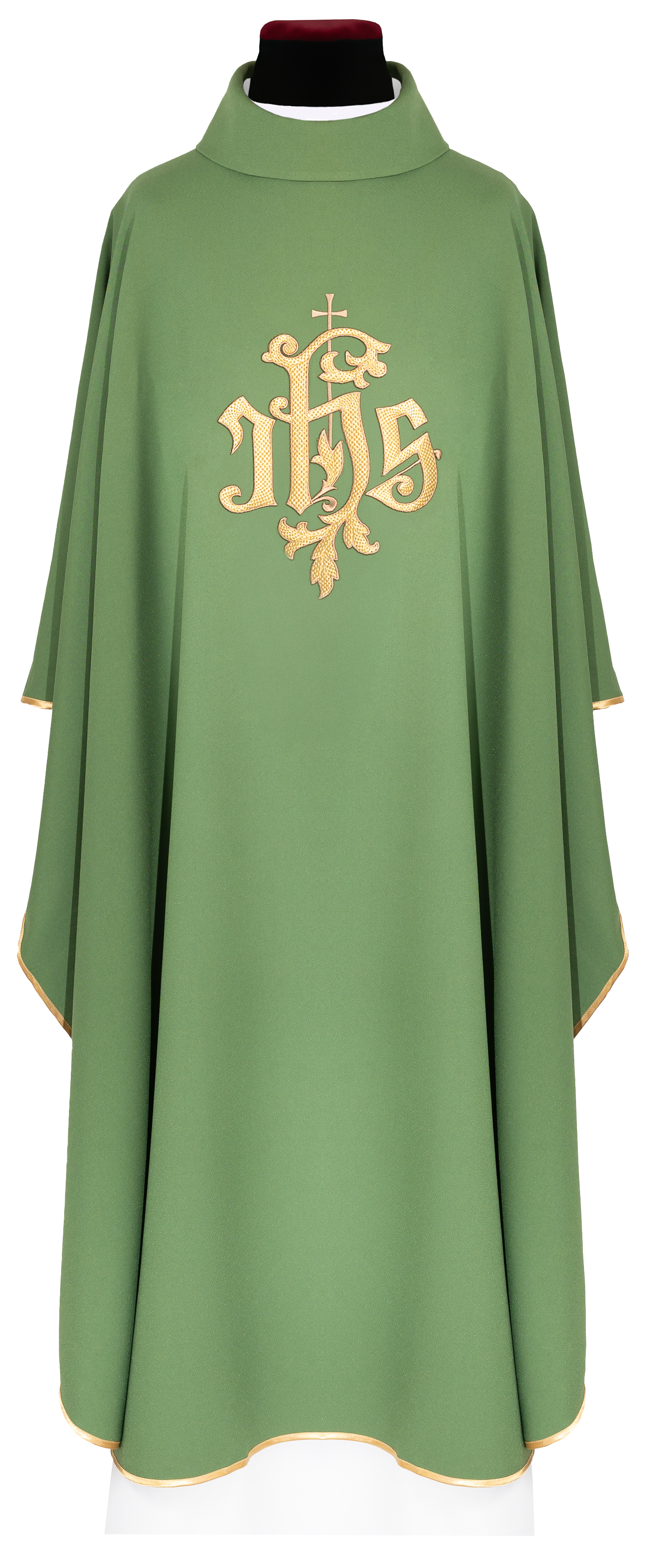 Casula verde com bordado dourado do símbolo do IHS