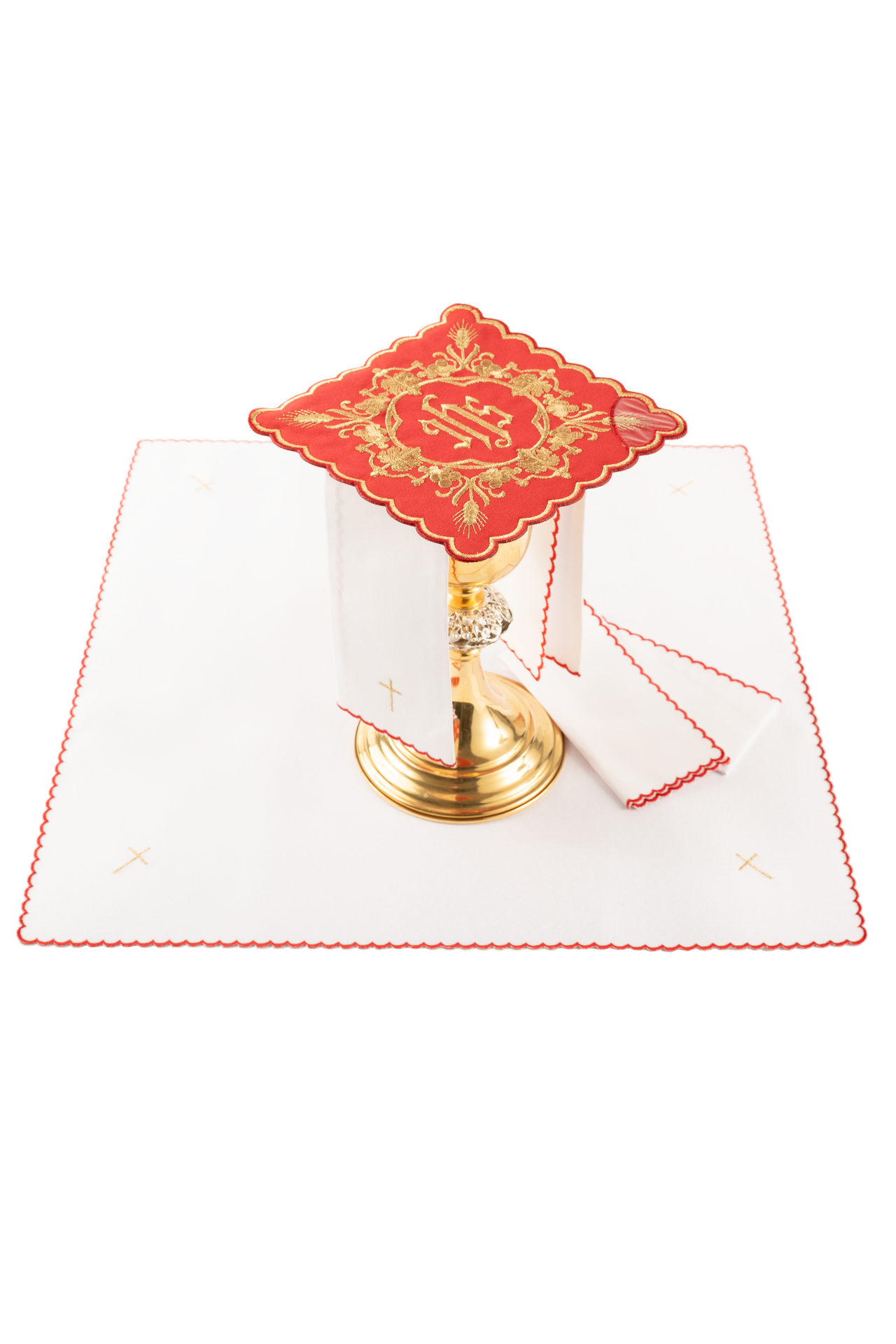 Komplet kielichowy haftowany z motywem IHS czerwony - ORNATY.PL