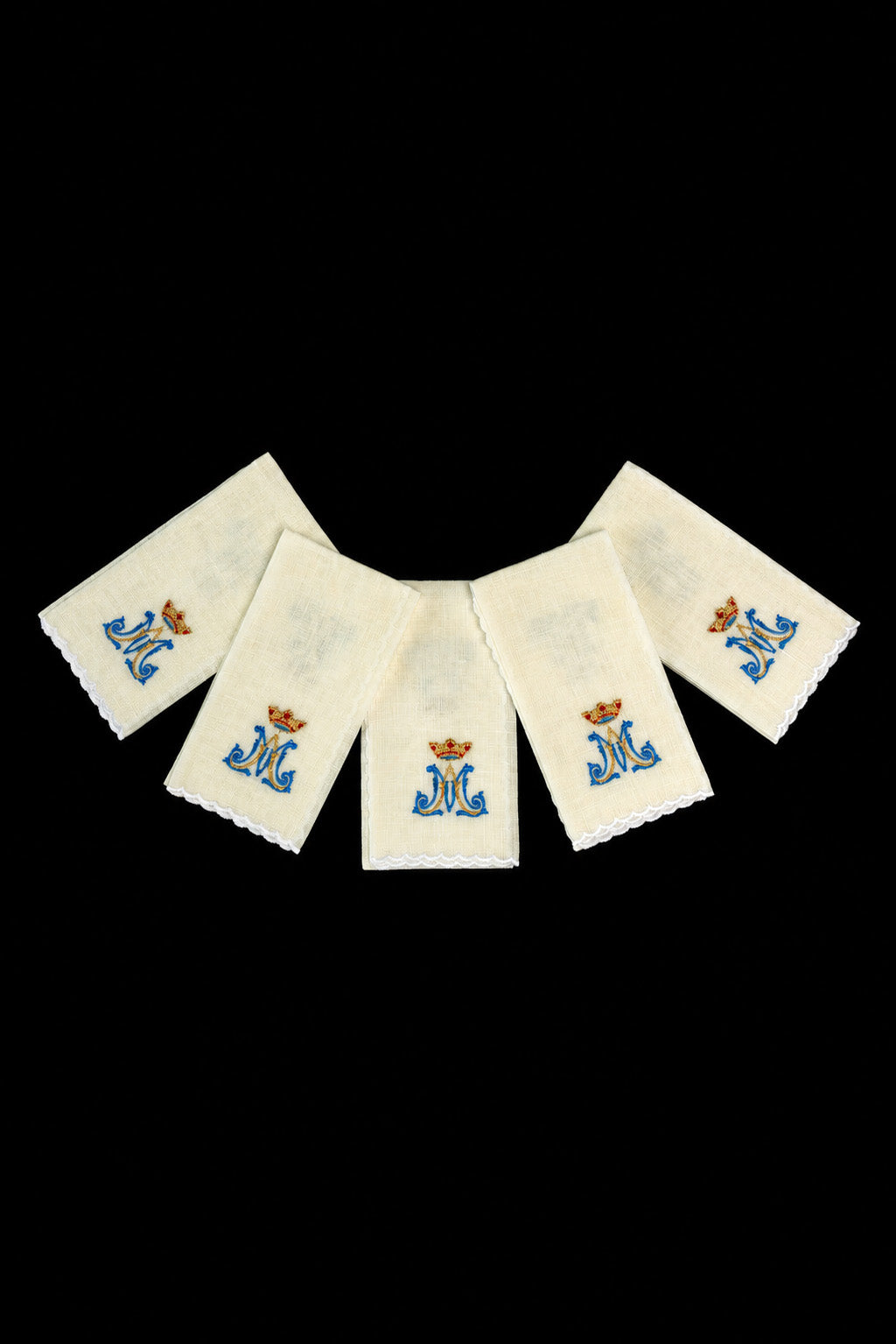 Conjunto de 5 purificadores litúrgicos de lino con bordado mariano