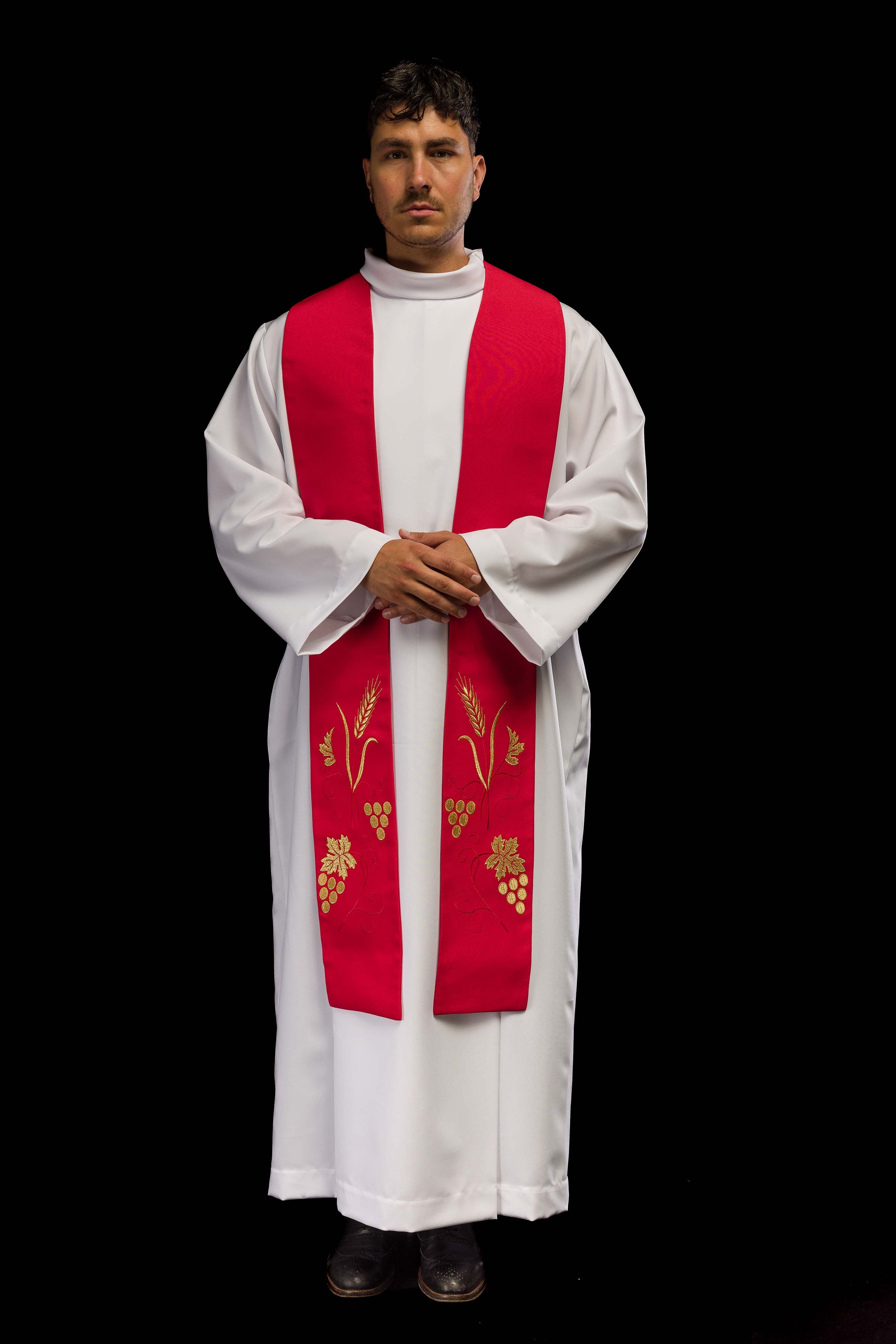 Estola sacerdotal bordada uvas e espigas em vermelho