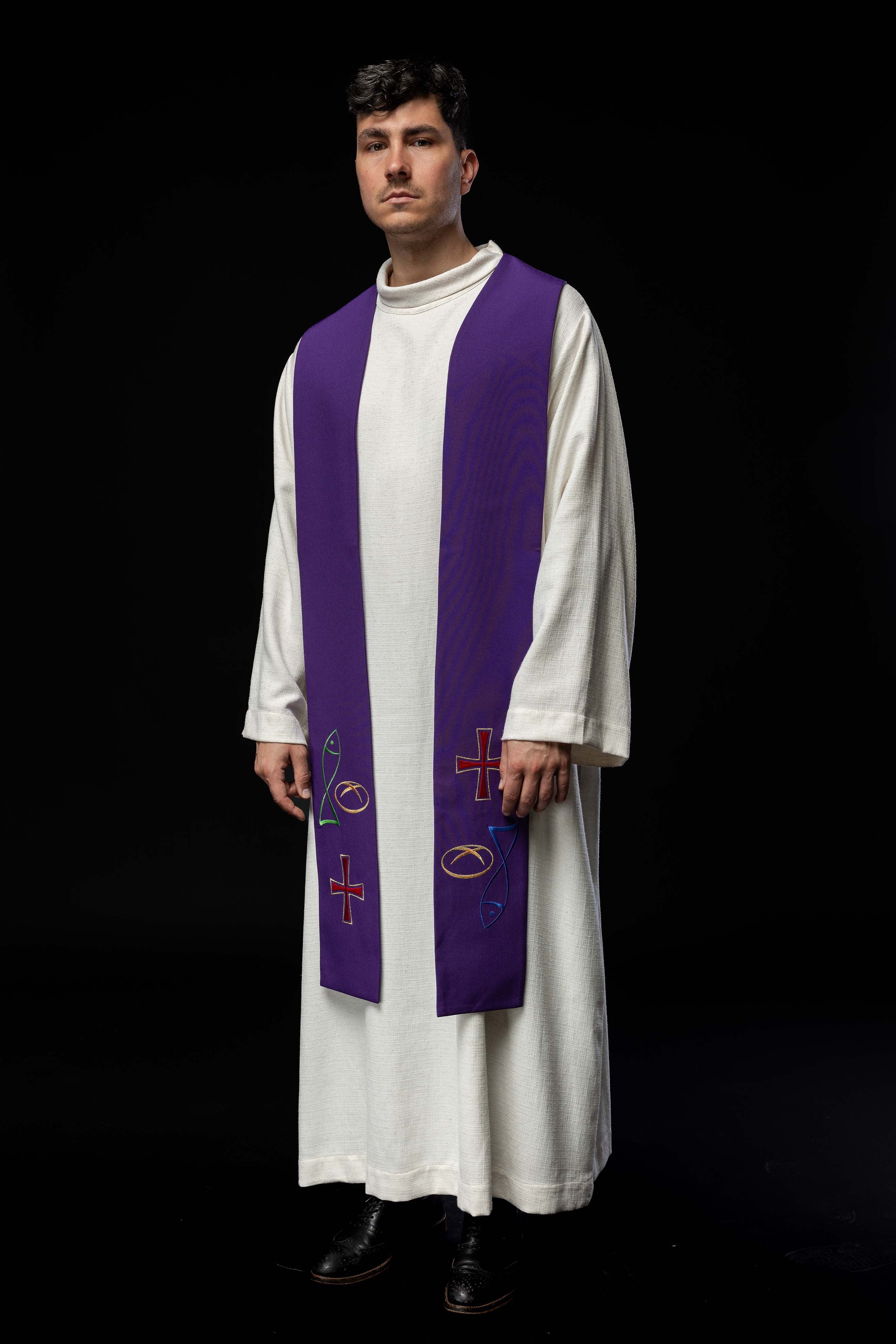 Estola Sacerdotal Roxa Bordada Peixe Pão Cruz