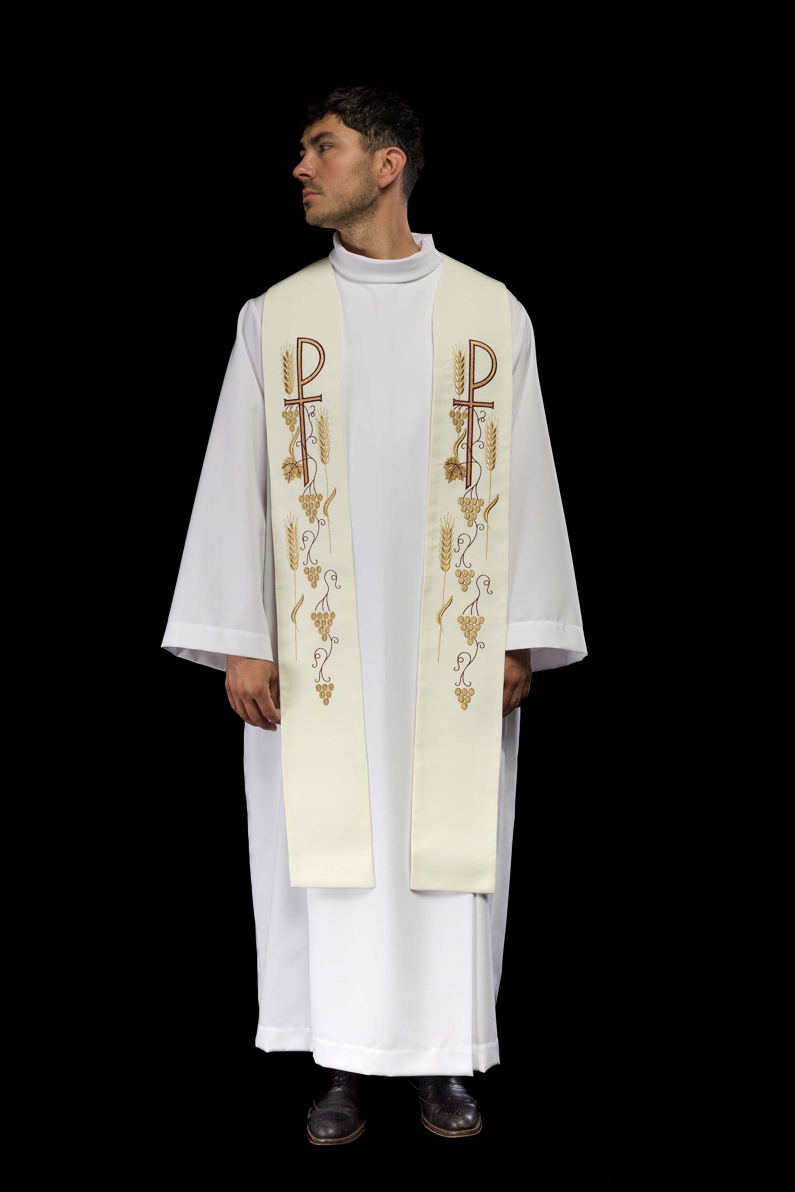 Estola sacerdotal bordada cruz com uvas bege