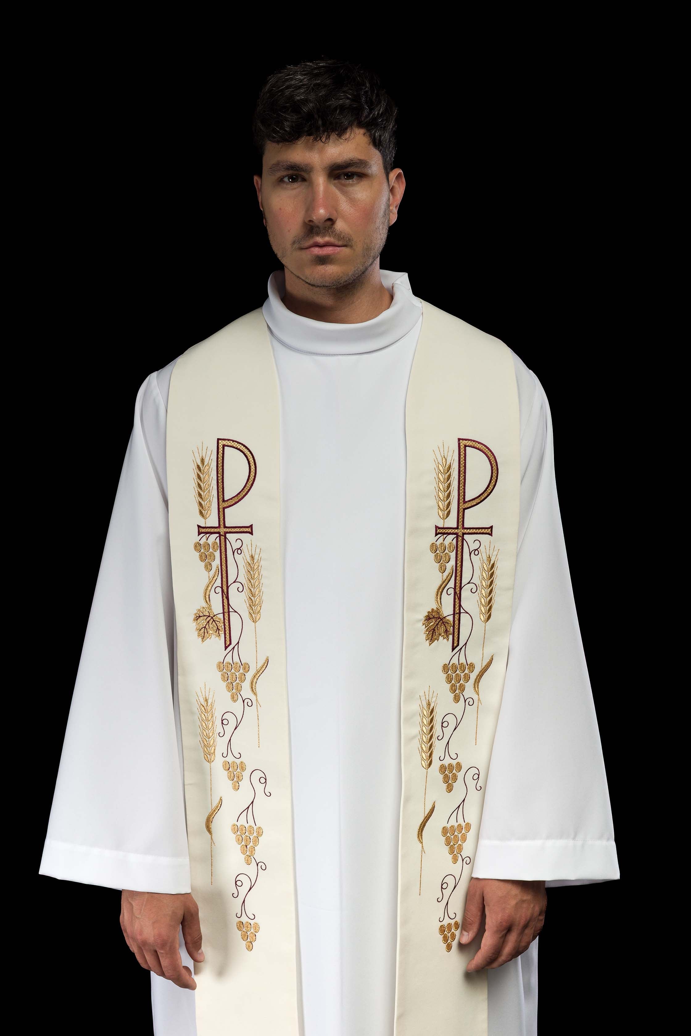 Estola sacerdotal bordada cruz com uvas bege