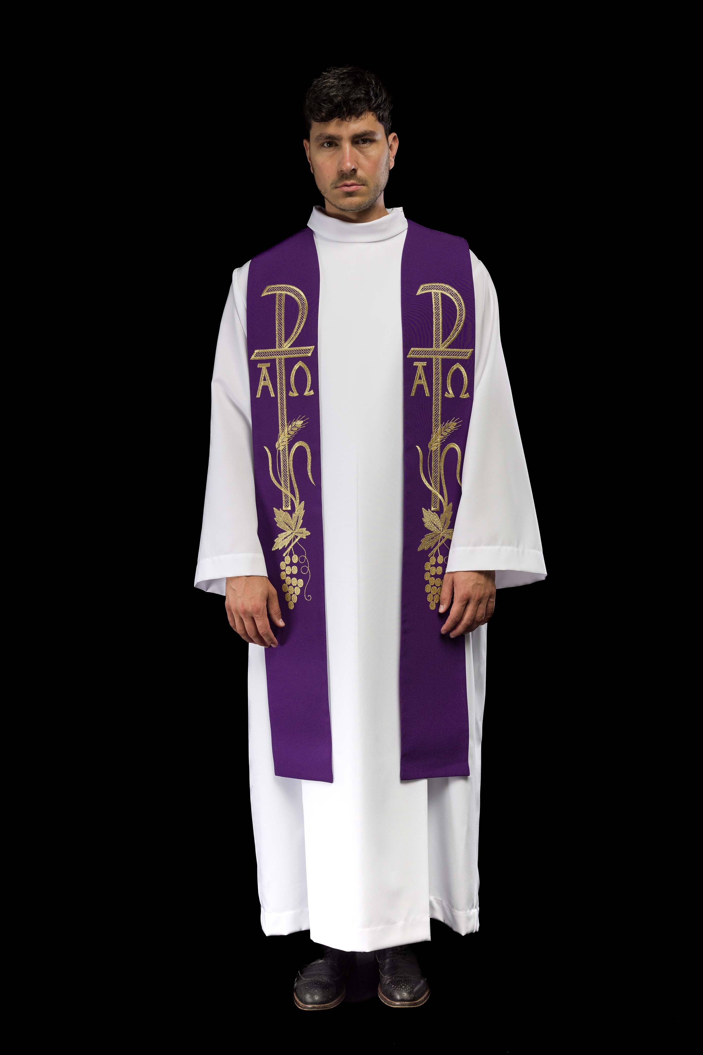 Estola sacerdotal roxa bordada Alfa e Ômega