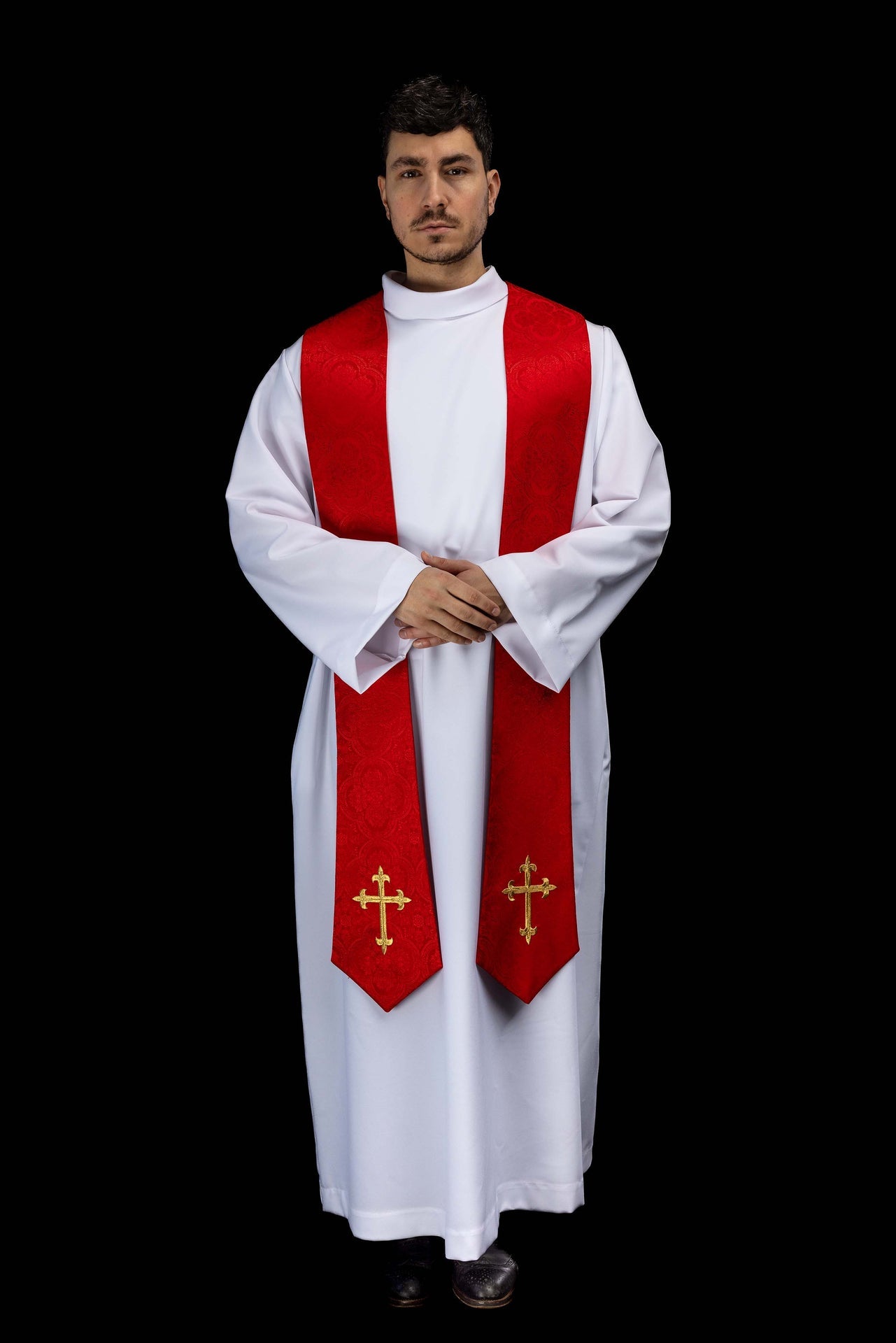 Estola bordada con motivo de la Cruz tejido jacquard rojo