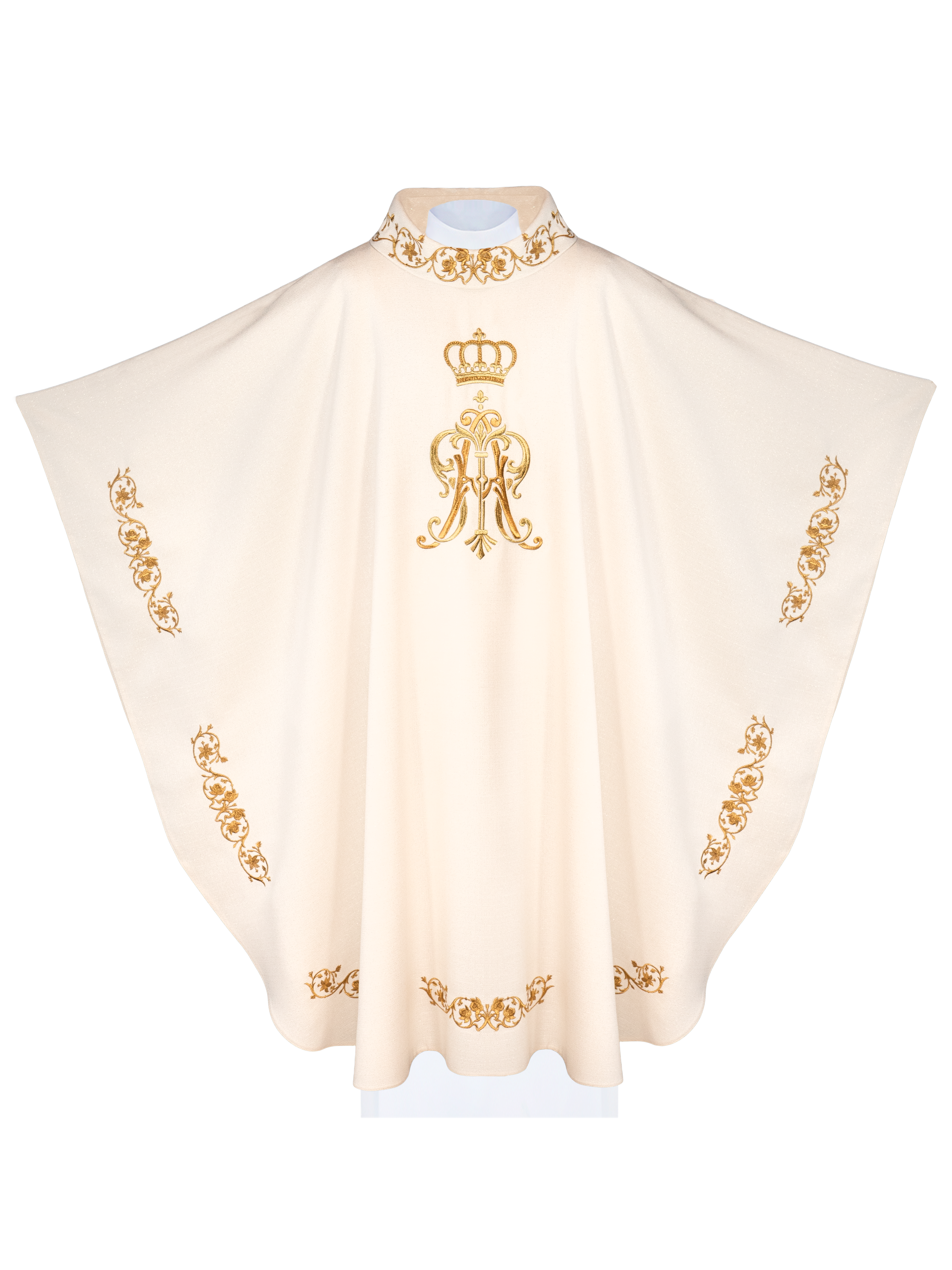 Casula litúrgica com escudo mariano bordado e coroa