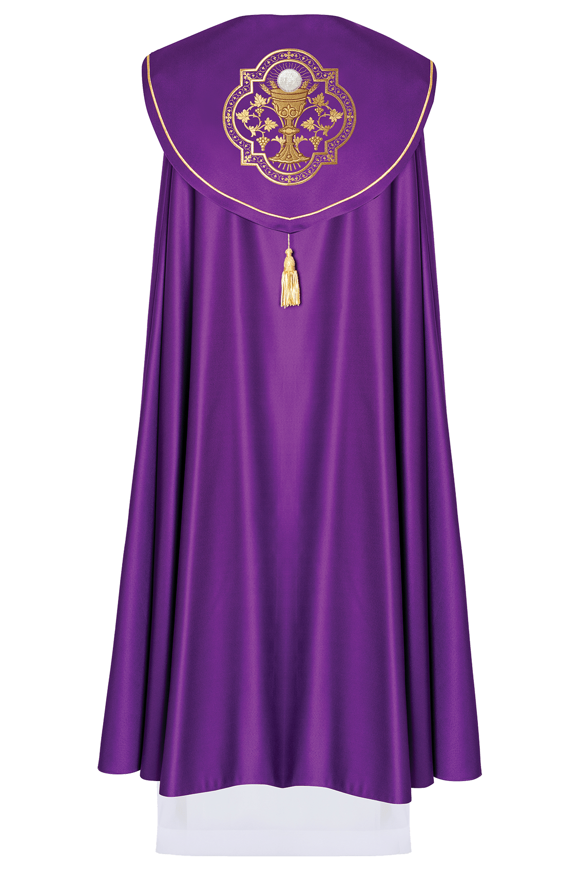 Capa pluvial morada con bordado Cáliz KKP/013/03/20 FIOLET SAT. POMPON 145cm - CASULLAS.ES