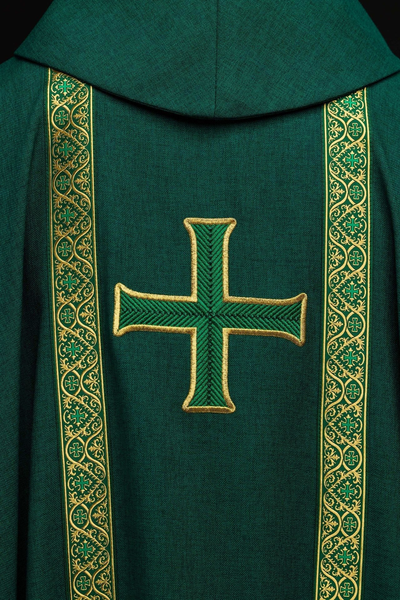 Casulla litúrgica verde con cruz bordada y bandas de jacquard KOR/975/01/70 - CASULLAS.ES