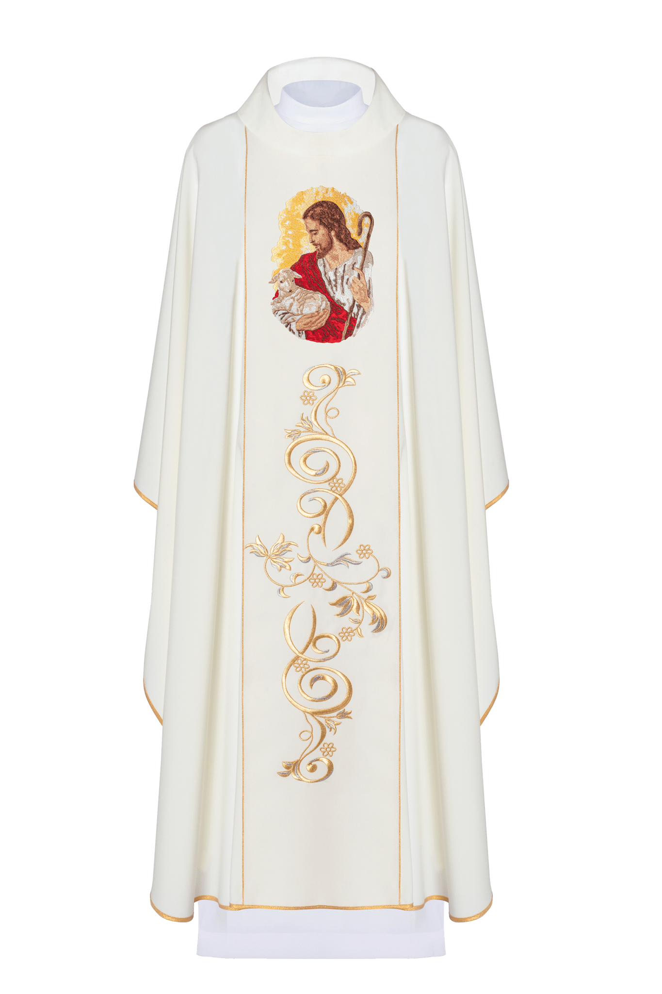 Casulla marfil con bordado imagen Jesús el Buen Pastor KOR/202/05/01 ECRU - CASULLAS.ES