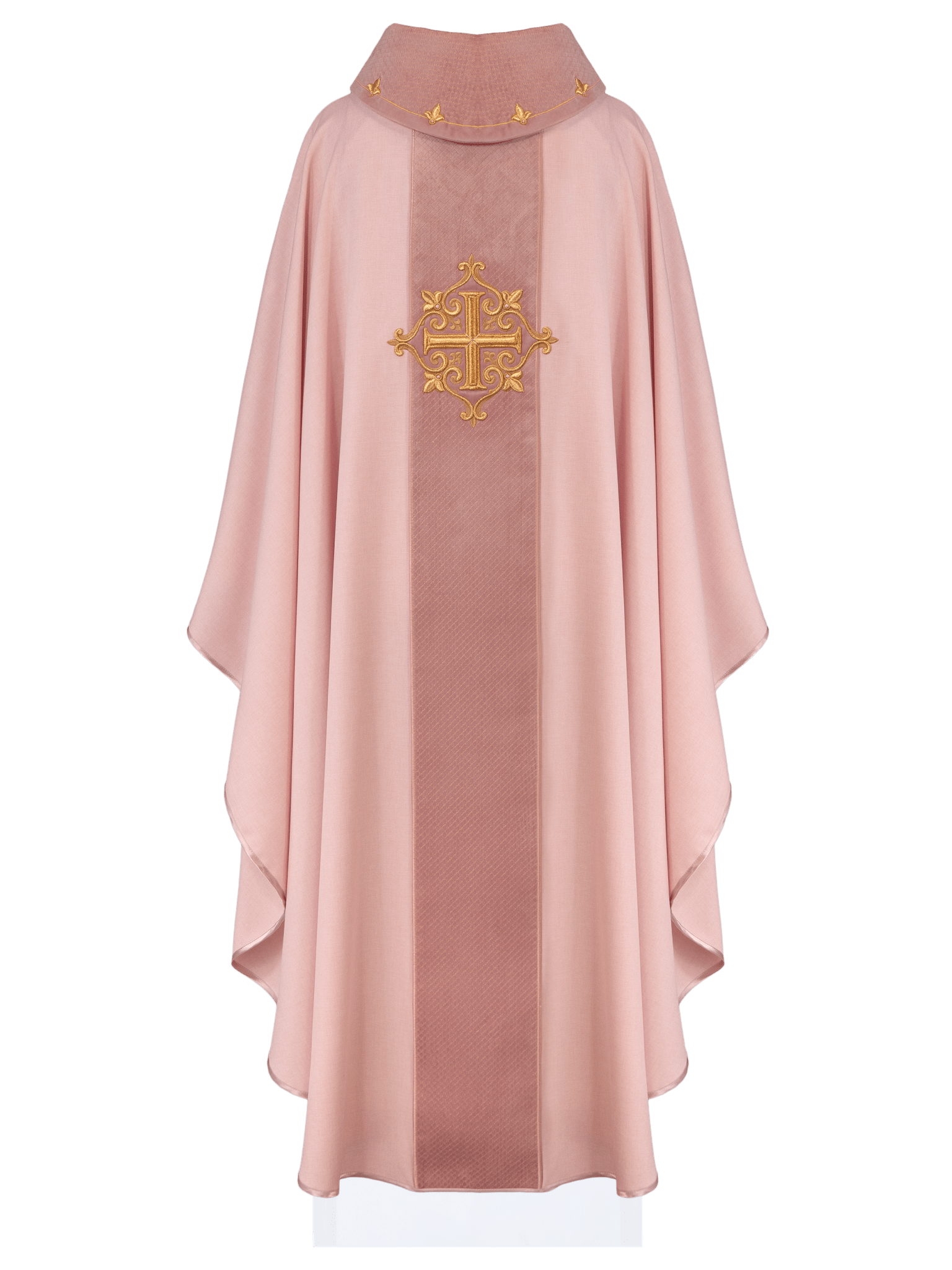 Casulla rosa con galón terciopelo ricamente bordado Cruz LE/7029/08 - CASULLAS.ES