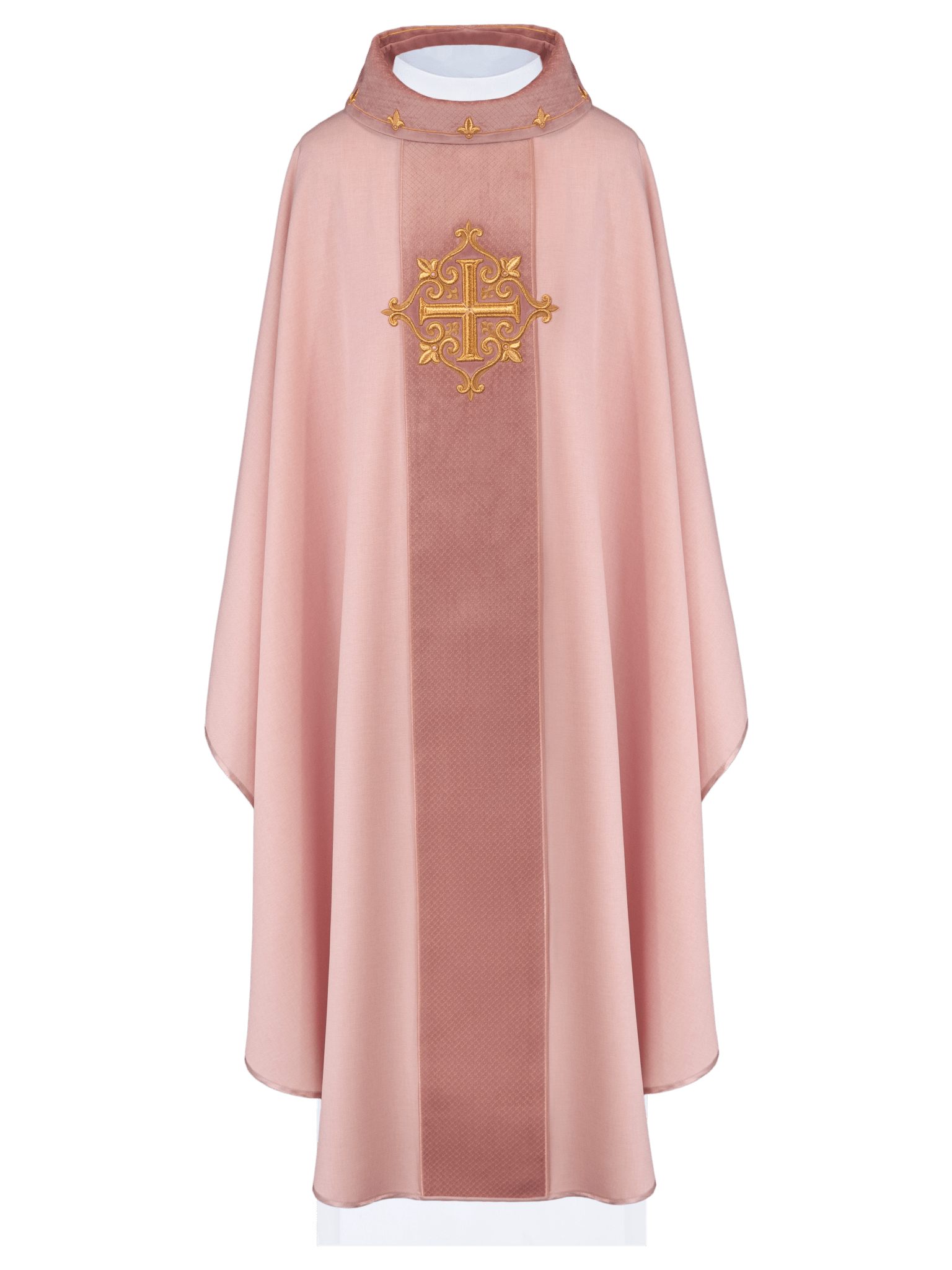 Casulla rosa con galón terciopelo ricamente bordado Cruz LE/7029/08 - CASULLAS.ES