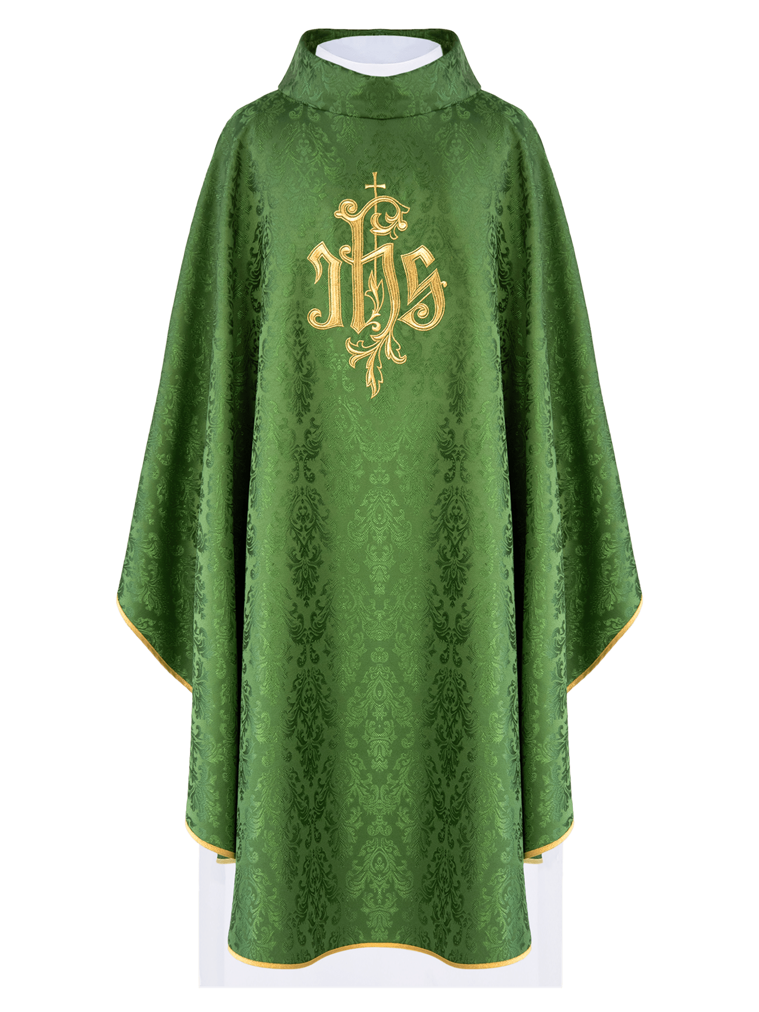 Casulla verde con motivo IHS bordado en tela decorativa LE/7032/01 - CASULLAS.ES