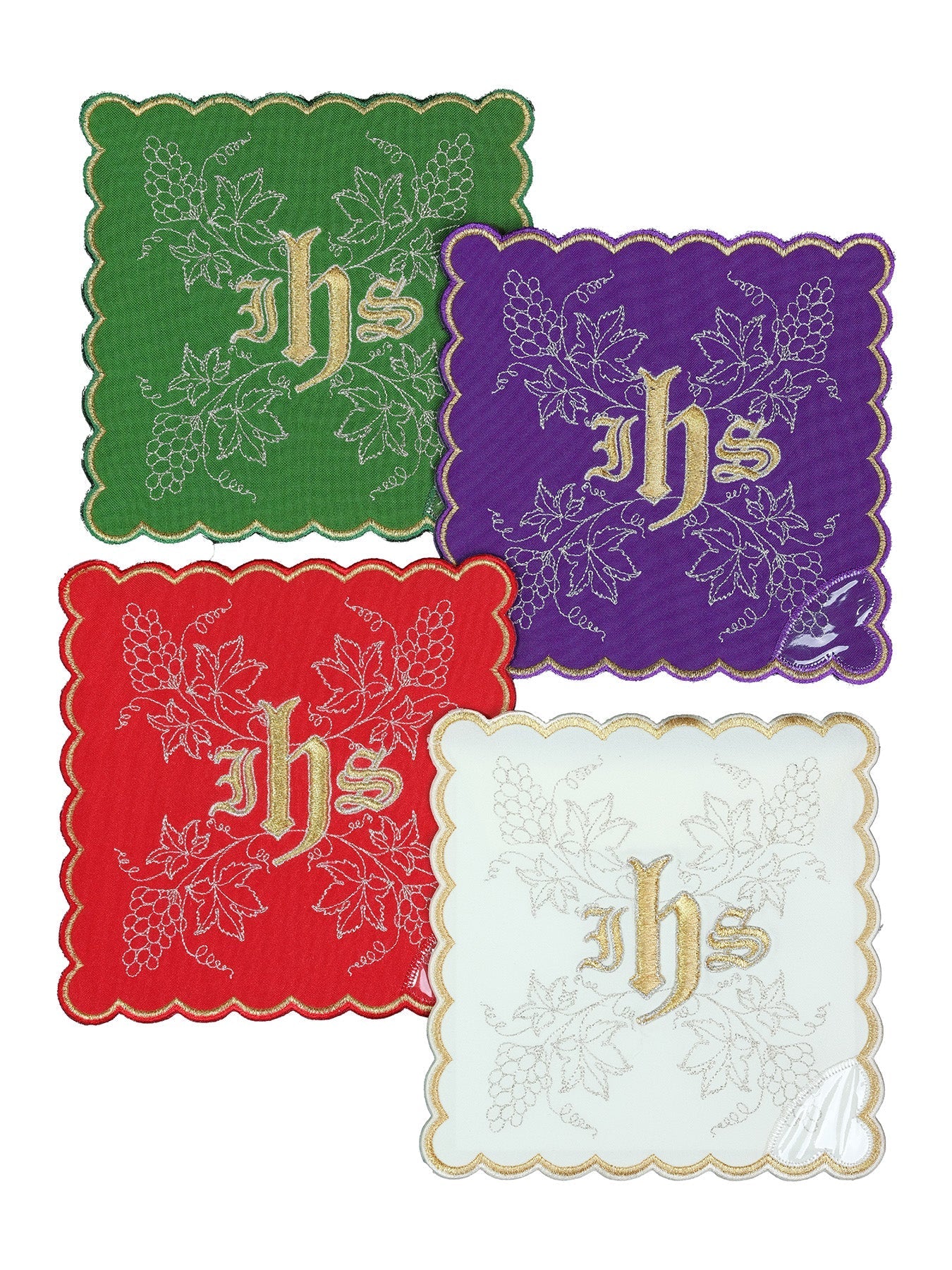 Conjunto de palias de cáliz con el símbolo IHS en cuatro colores litúrgicos KPA4/173 18*18 - CASULLAS.ES