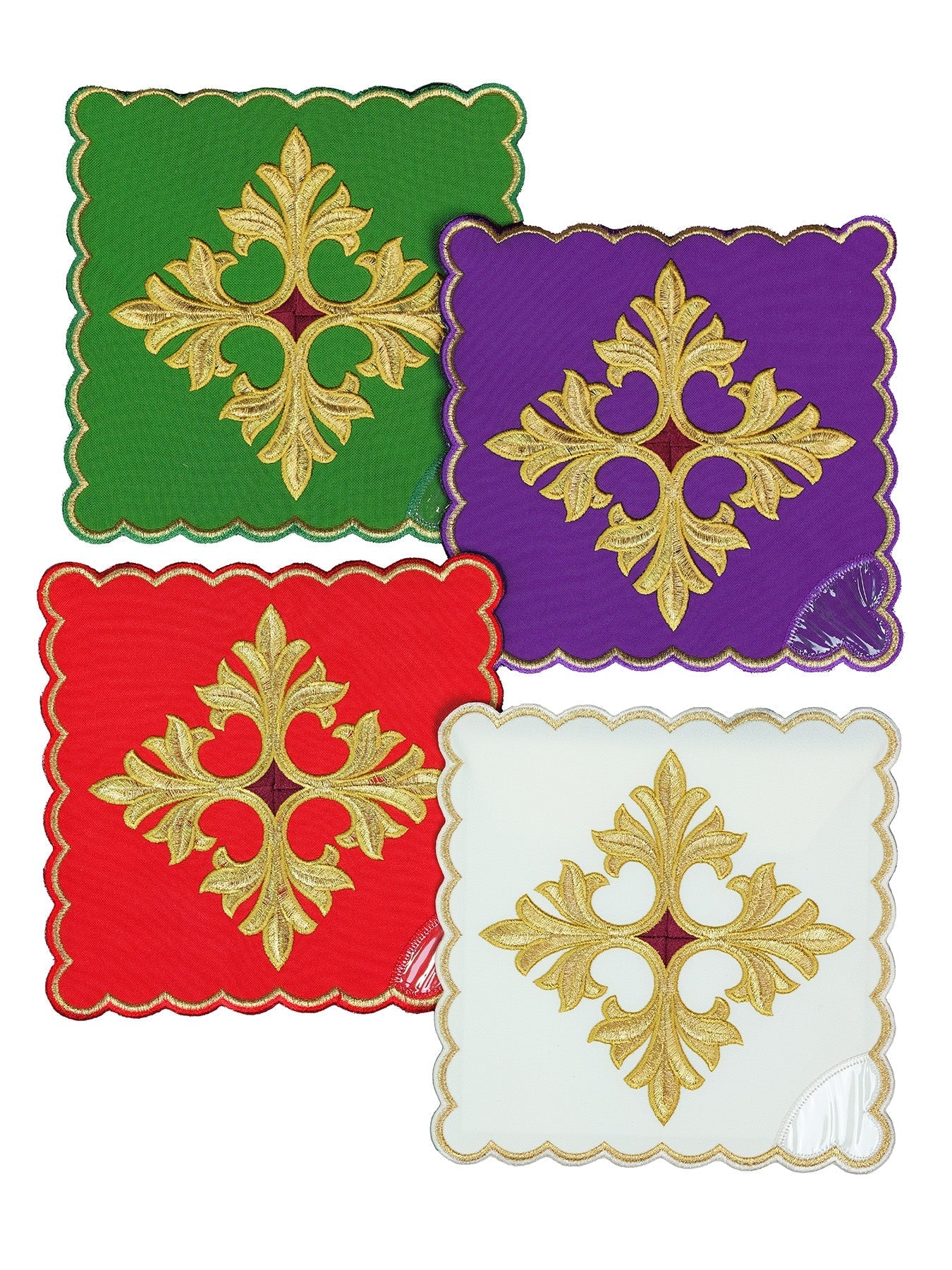 Conjunto de palias de cáliz con símbolo de la cruz en cuatro colores litúrgicos KPA4/170 18*18 - CASULLAS.ES